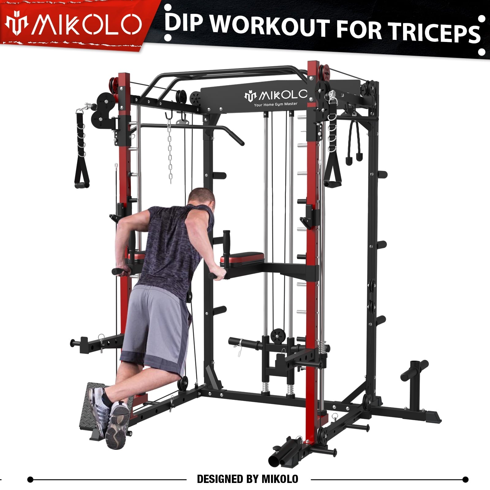 Mikolo Smith Machine Home Gym, 2000lbs Squat Rack with LAT-Pull Down System & Cable Crossover Machine, Training Equipment
