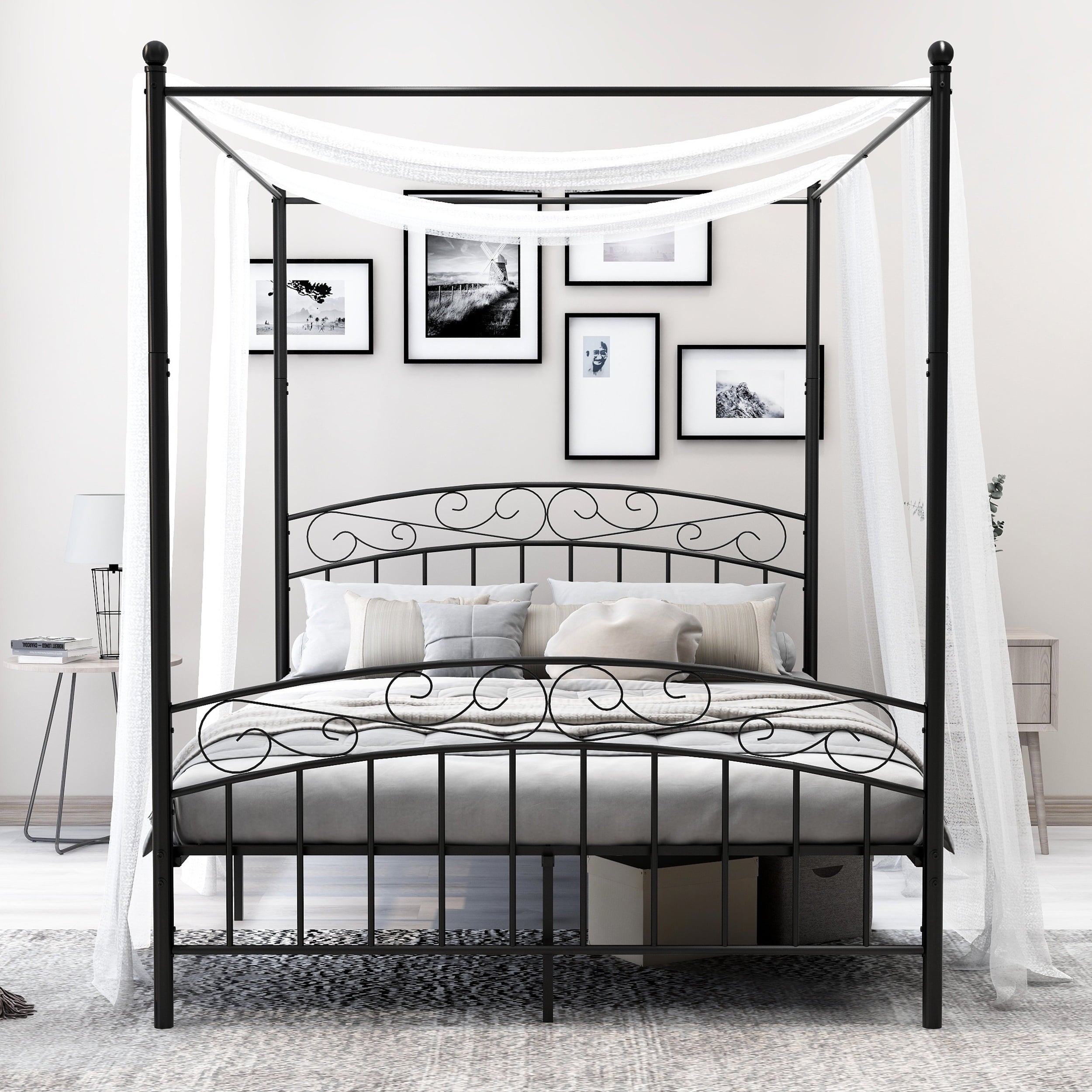 alazyhome Queen Size Metal Canopy Bed Frame, Modern Design, Black