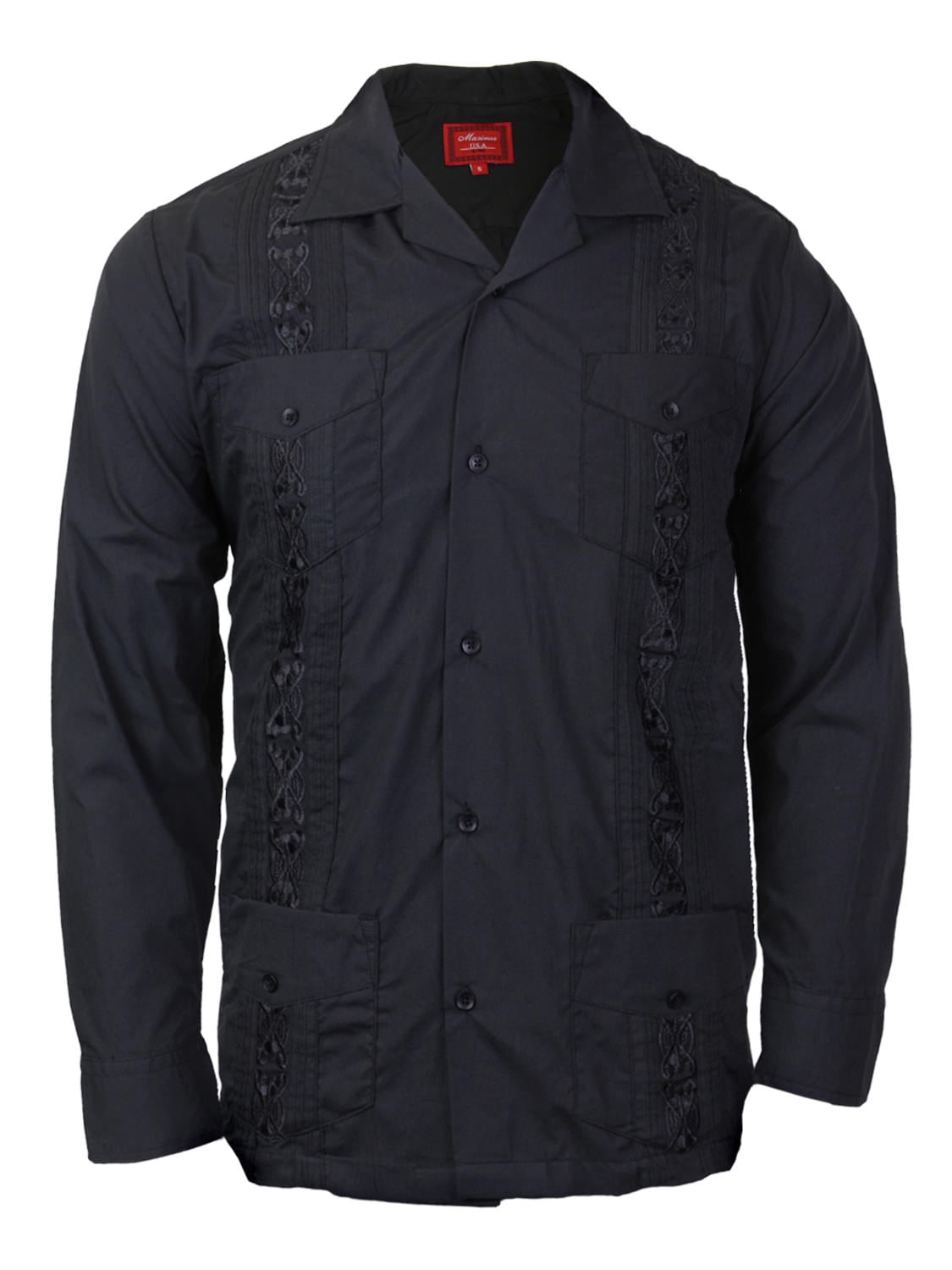 Men's Long Sleeve Guayabera Cuban Beach Wedding Button-Up Casual Dress Shirt, Black, S