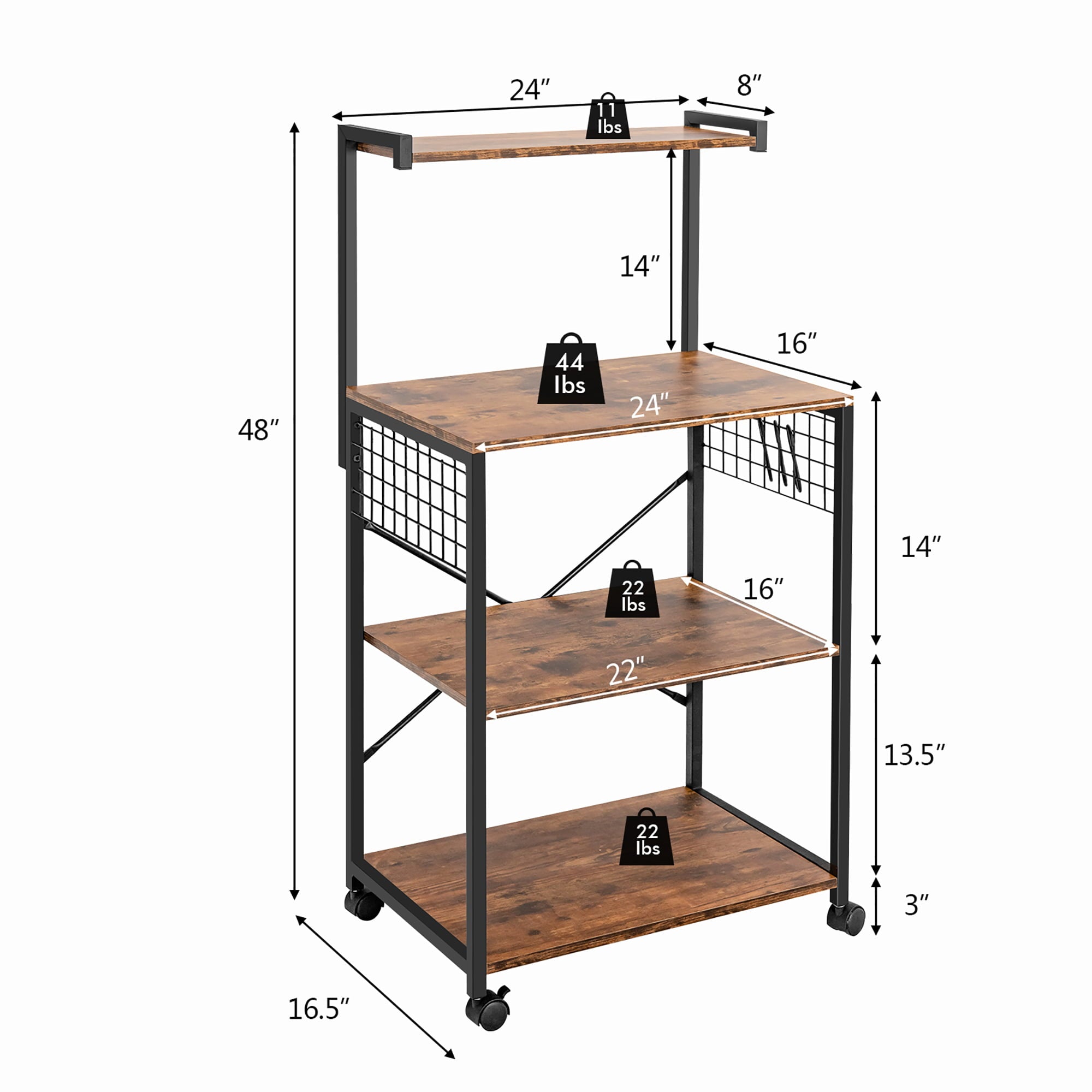 Costway 4-Tier Rolling Bakers Rack Industrial Utility Microwave Oven Stand Cart w/ Hooks