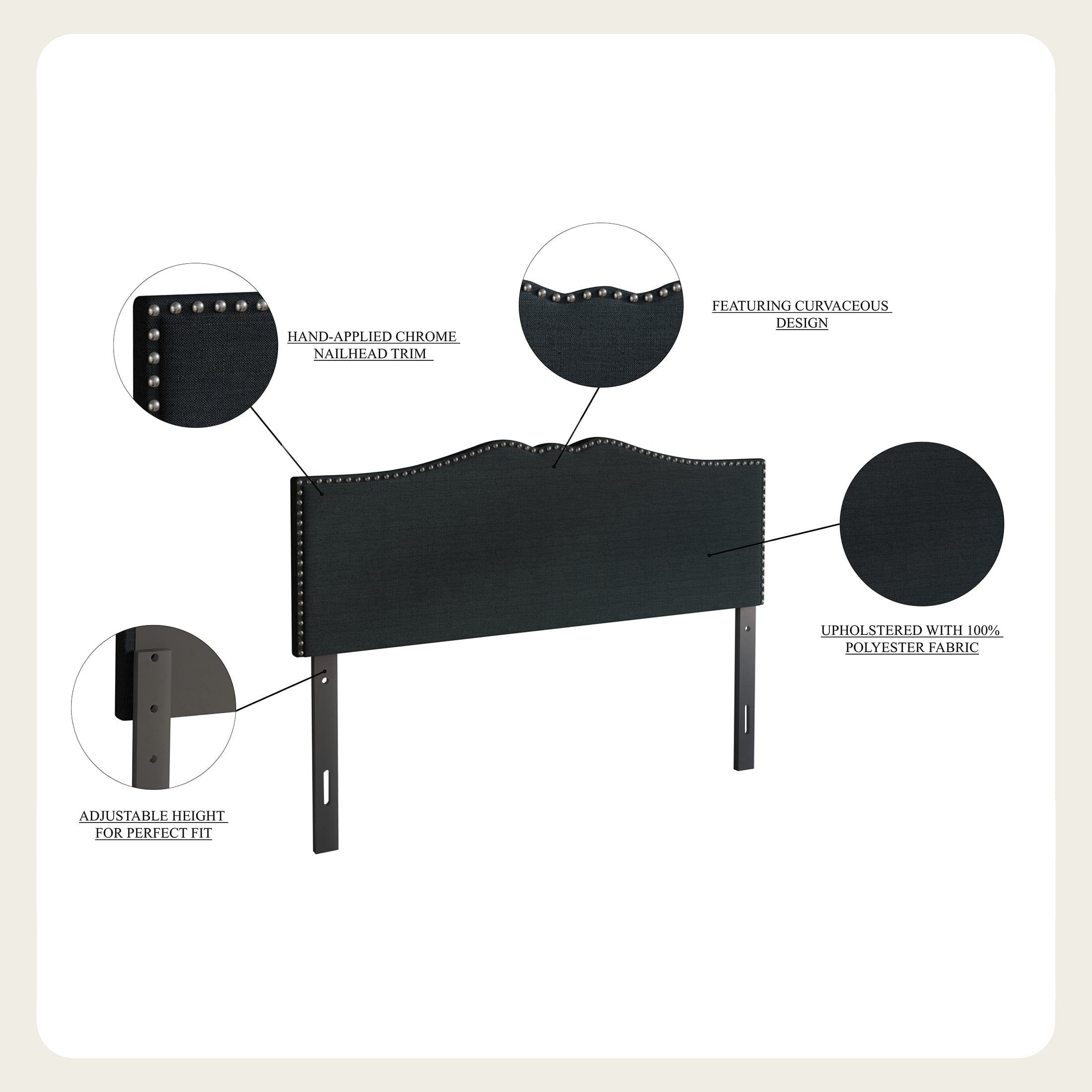 Castle Place Curved Upholstered Nailhead Trim Linen Headboard, Warm Grey, Twin