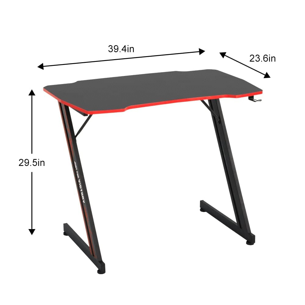 Dkelincs 39.4 inch Gaming Desk Z Shaped Computer Desk Adjustable feet PC Computer Game Table with Carbon Fiber Surface, Cup Holder & Headphone Hook, Red