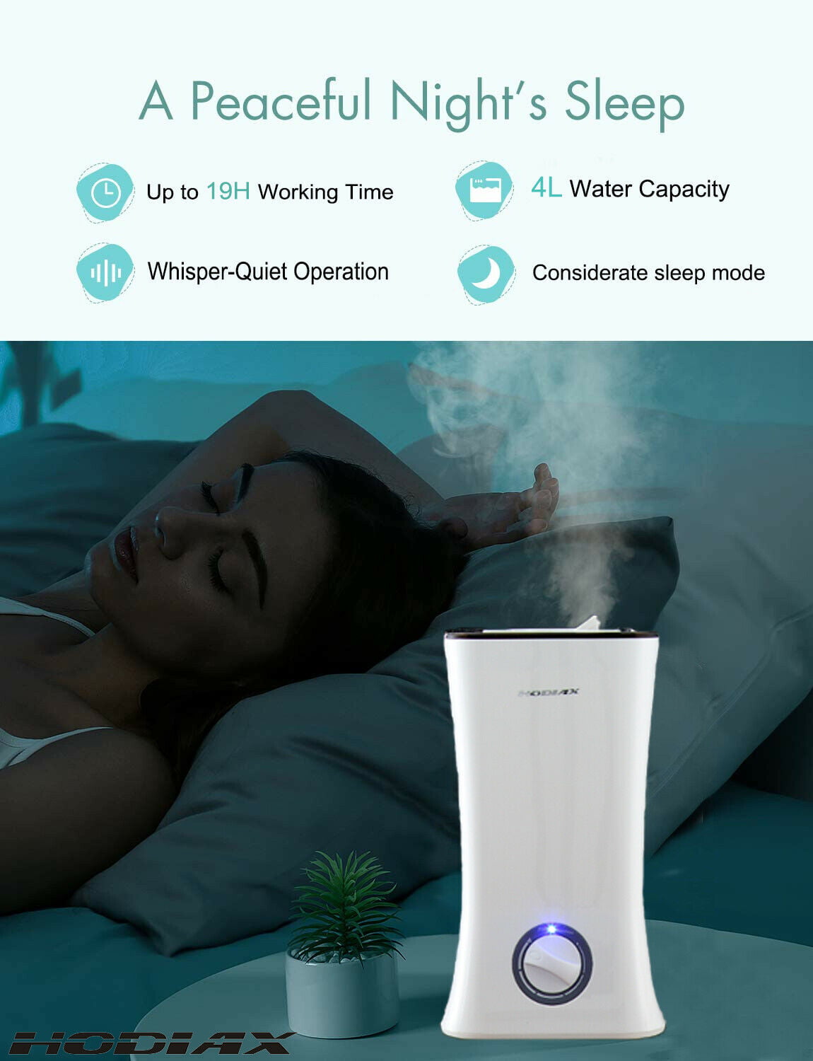 Hodiax 4L Cool Mist Ultrasonic Humidifier 30W Top Filling LED Light Essential Oil Addible 360 degree Nozzle Diffuser for Beauty Salon SPA Yoga Bedroom Living room Reception Center