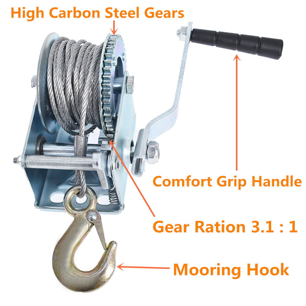 Heavy Duty Hand Winch 600Lbs Hand Crank Strap Gear with 8m Steel Wire Manual Operated Two-Way Ratchet ATV Boat Trailer Marine for Trailering or Loading Boats Personal Watercraft and Lawn Equipment