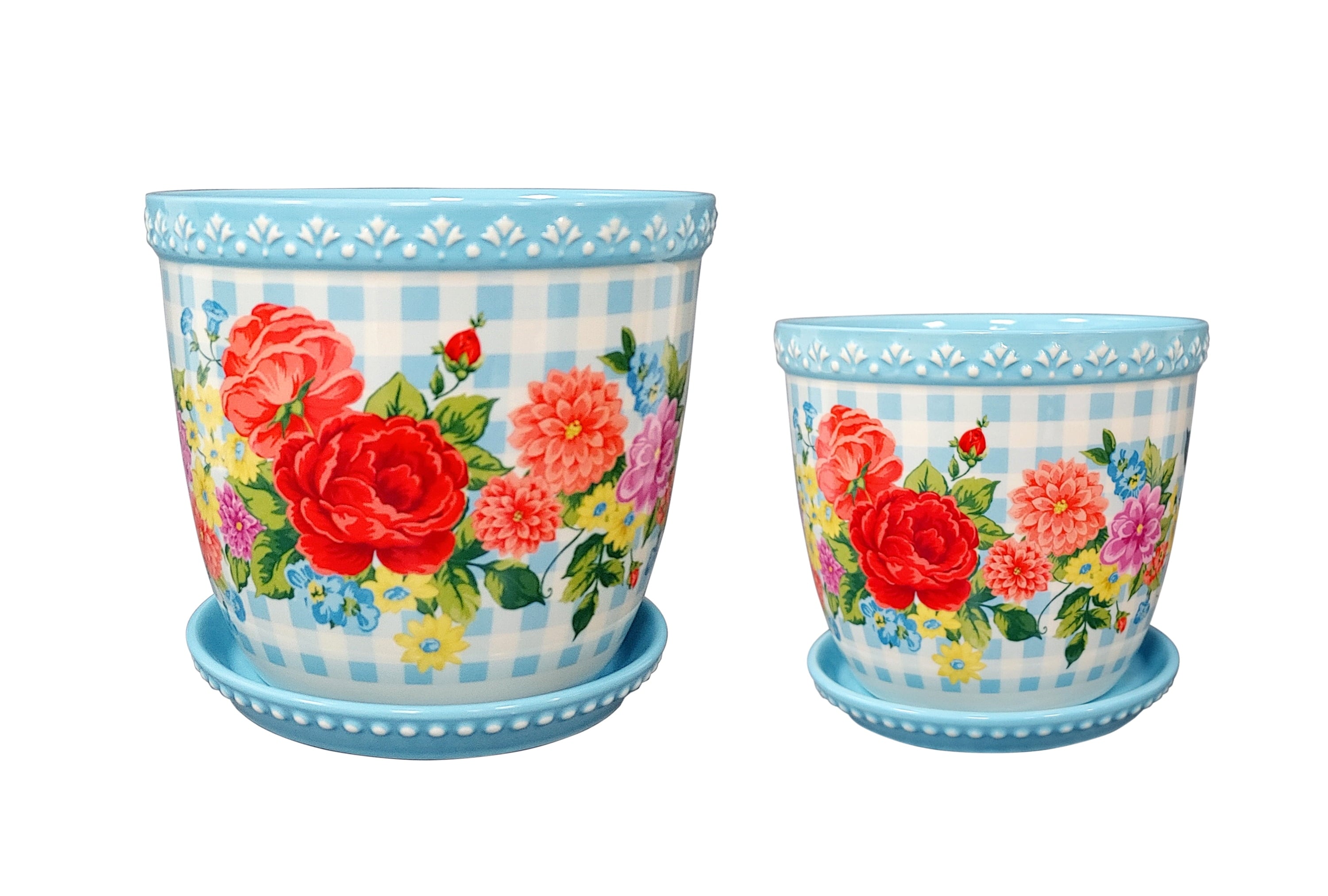 The Pioneer Woman Sweet Rose Gingham Planter, 8 inch, Stoneware