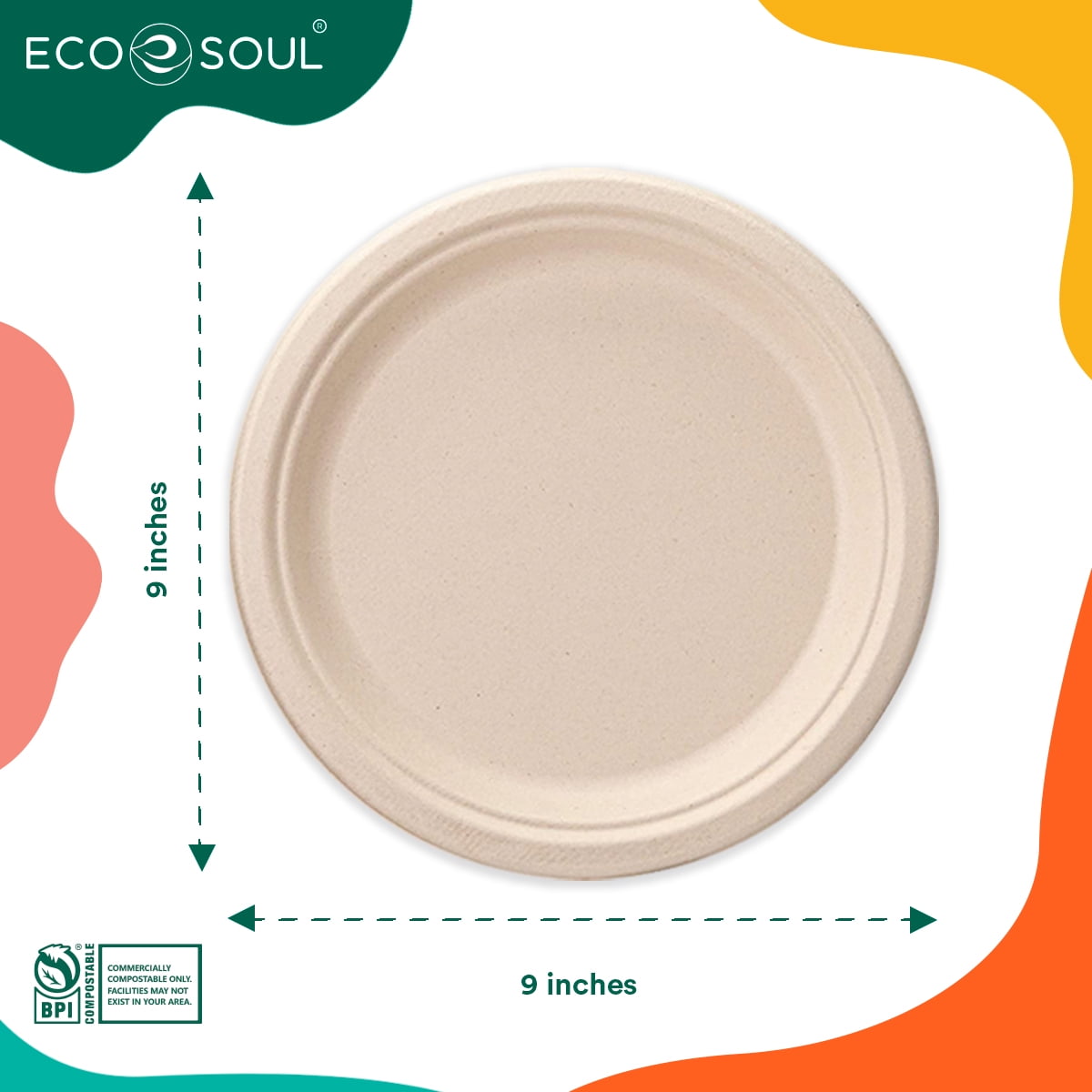 ECO SOUL 100% Compostable 9 Inch Bagasse Paper Plates, 50 Counts | Heavy-Duty Disposable Plates | Eco-Friendly Made of Sugarcane Fibers-Natural Unbleached Biodegradable Plates