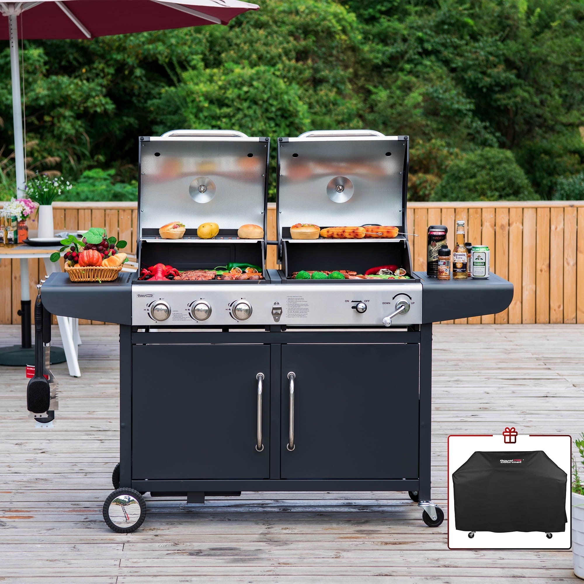Gourmet ZH3002C 3-Burner 25,500-BTU Dual Fuel Cabinet Gas and Charcoal Grill Combo with Cover