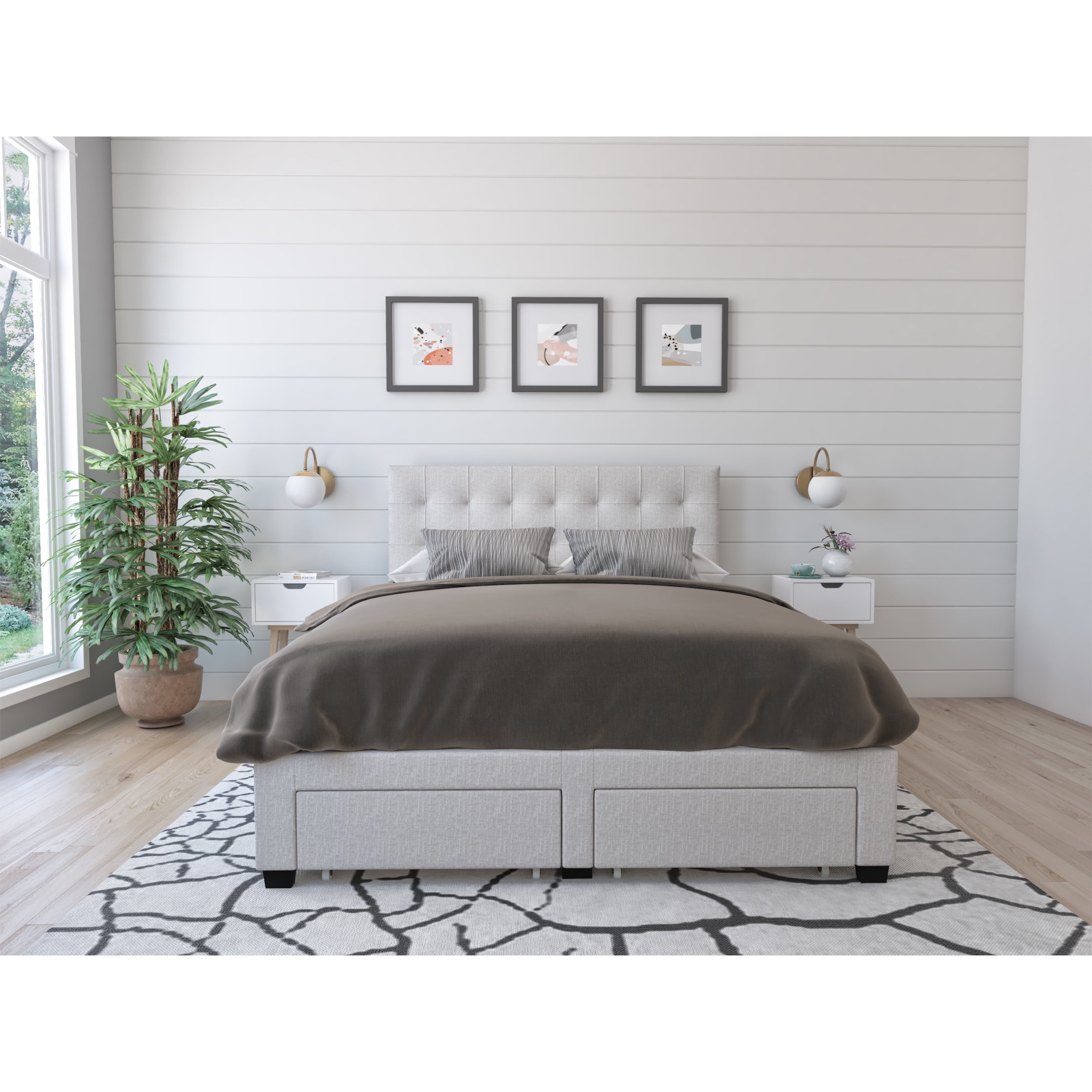 DG Casa Benjamin Upholstered Platform Bed Frame with Storage Drawers Square Tufted Headboard and Full Wooden Slats, Box Spring Not Required - Queen Size in Beige Polyester Blend Fabric