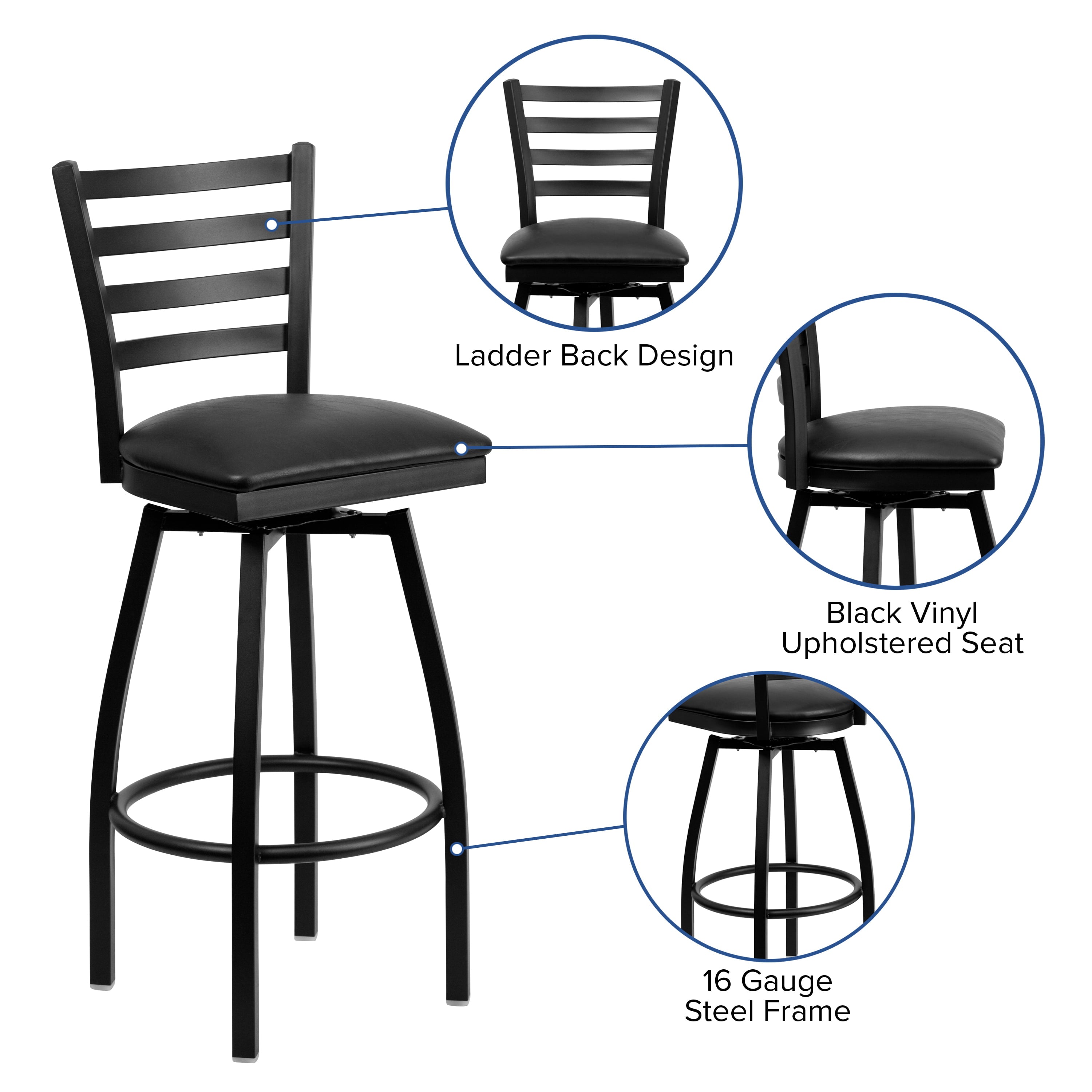 Flash Furniture HERCULES Series Black Ladder Back Swivel Metal Barstool - Black Vinyl Seat