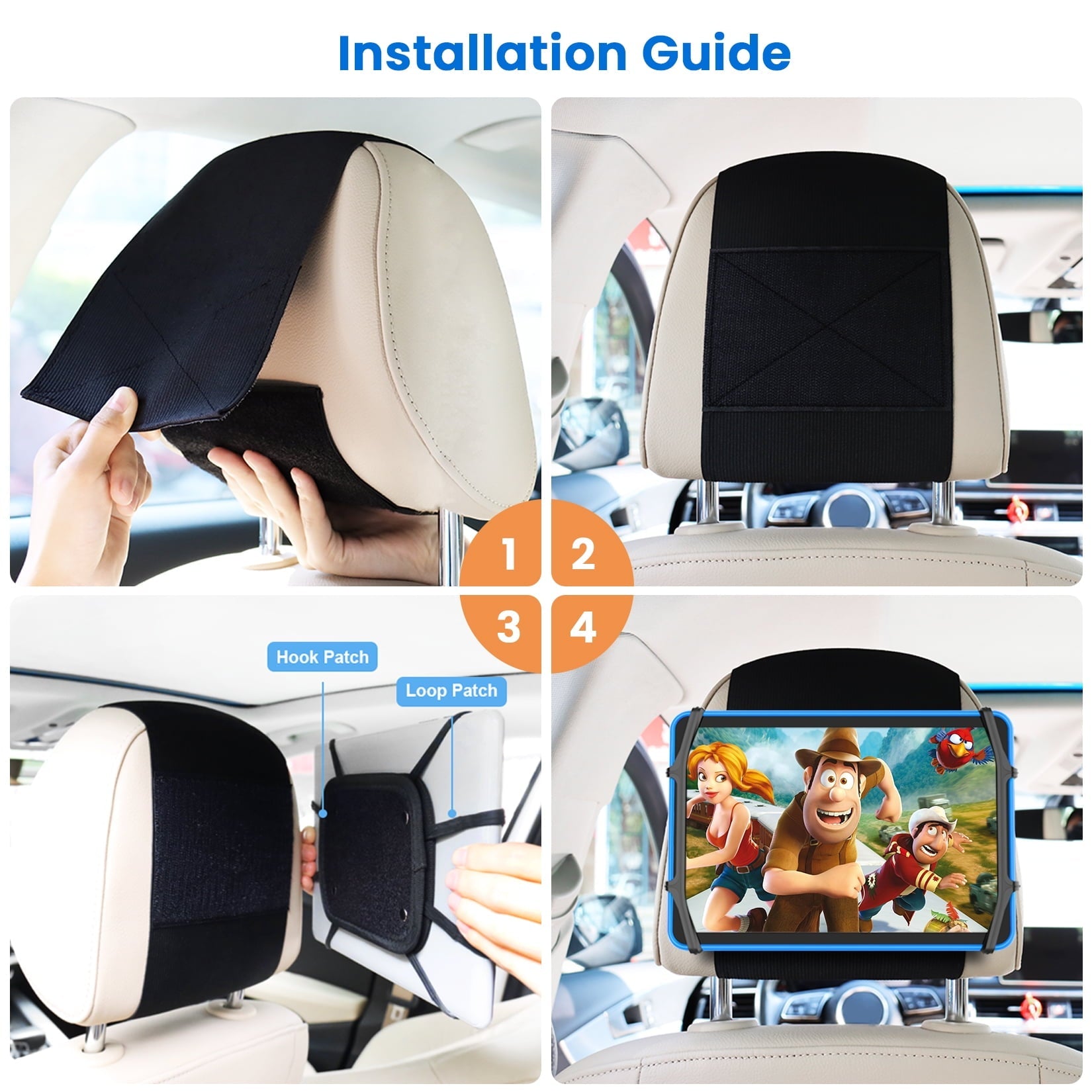 NUSICAN Car Headrest Mount Holder, Universal Back Seat Headrest Tablet Holder, Silicone Holder for Kids Tablet Stand, Anti Slip & Angle-Adjustable Holder Fits for 7-12.9'' Tablets iPad Pro Air