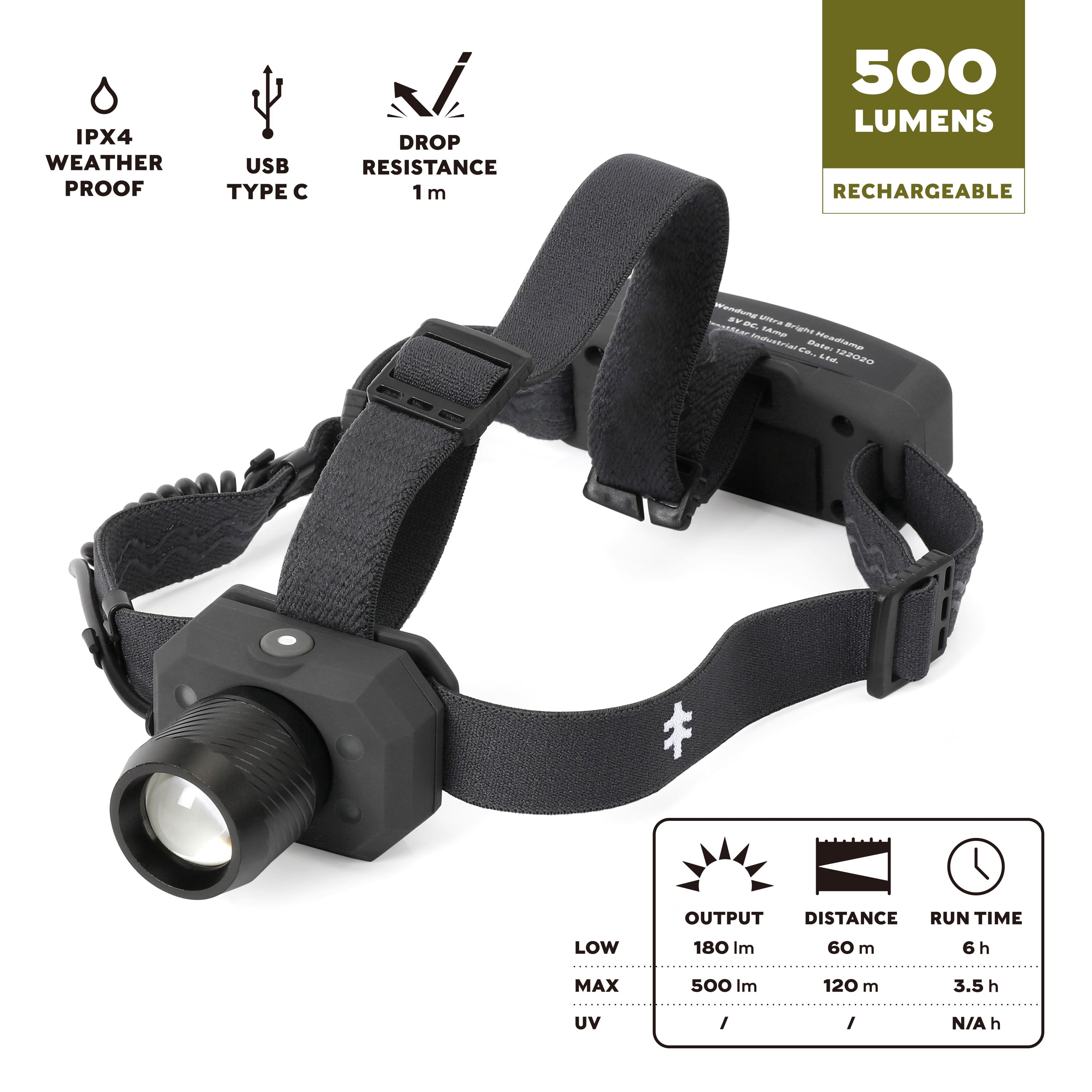 Swiss Tech Rechargeable 500 Lumens LED Headlamp, IPX4 Weatherproof, UV Blood Tracker