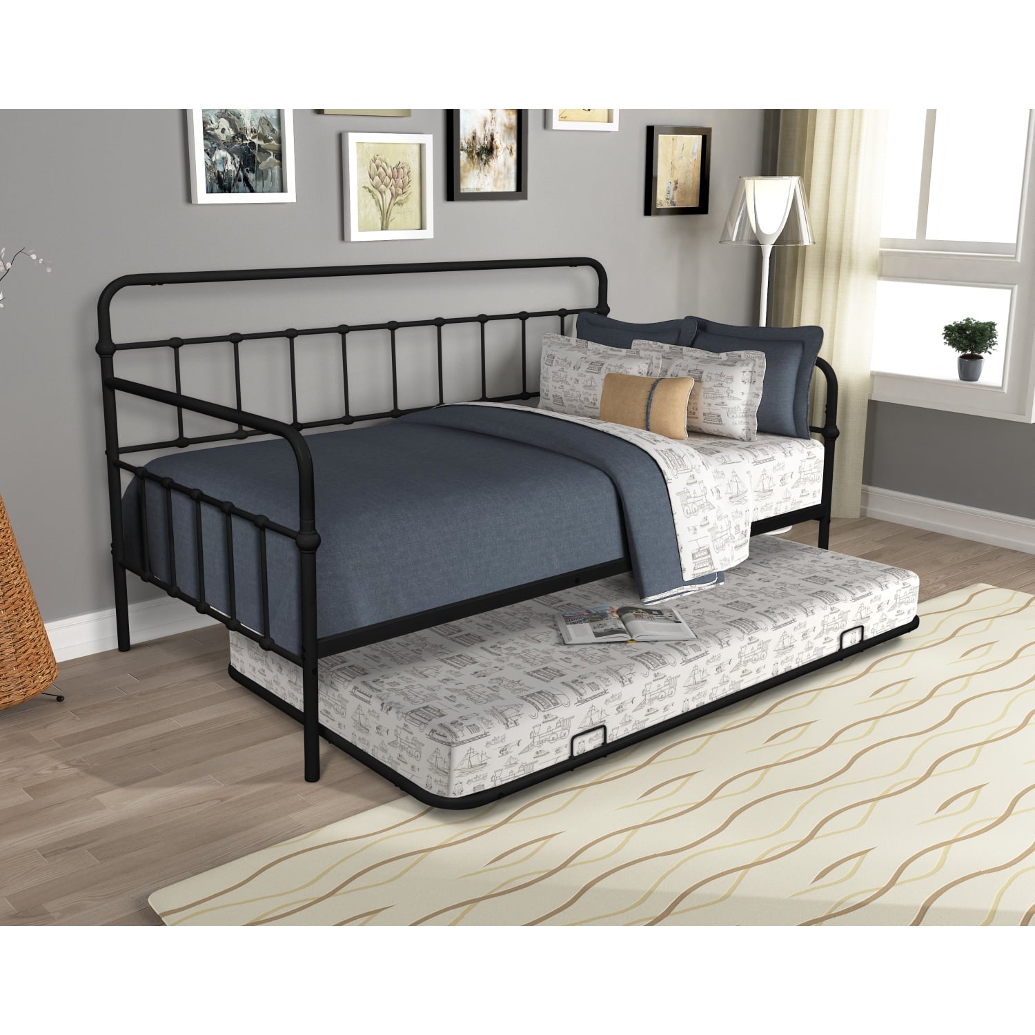 Sturdy Metal Daybed with Trundle in Black - Space-Saving Multi-Functional Design, Strong Metal Slats for Durability, Stylish Contemporary Look Suitable for Any Room