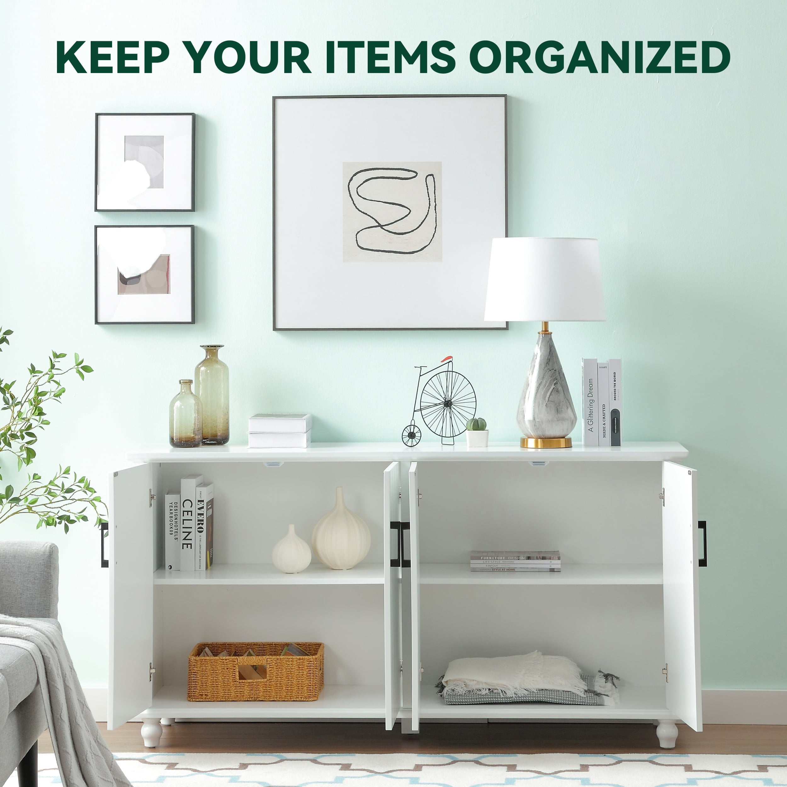 NOVALLA 62 Inch TV Stand Set, 2 Piece Entertainment Center, 1 Sideboard and 1 Tall Cabinets, TV Console Table for Living Room, Bedroom, Entryway, White