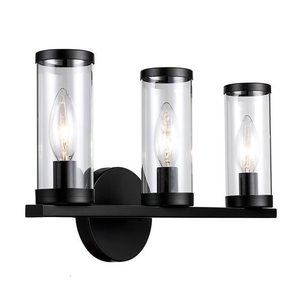 Loveland 16.625 in. 3-Light Black Bathroom Vanity Light Fixture with Clear Glass Shades
