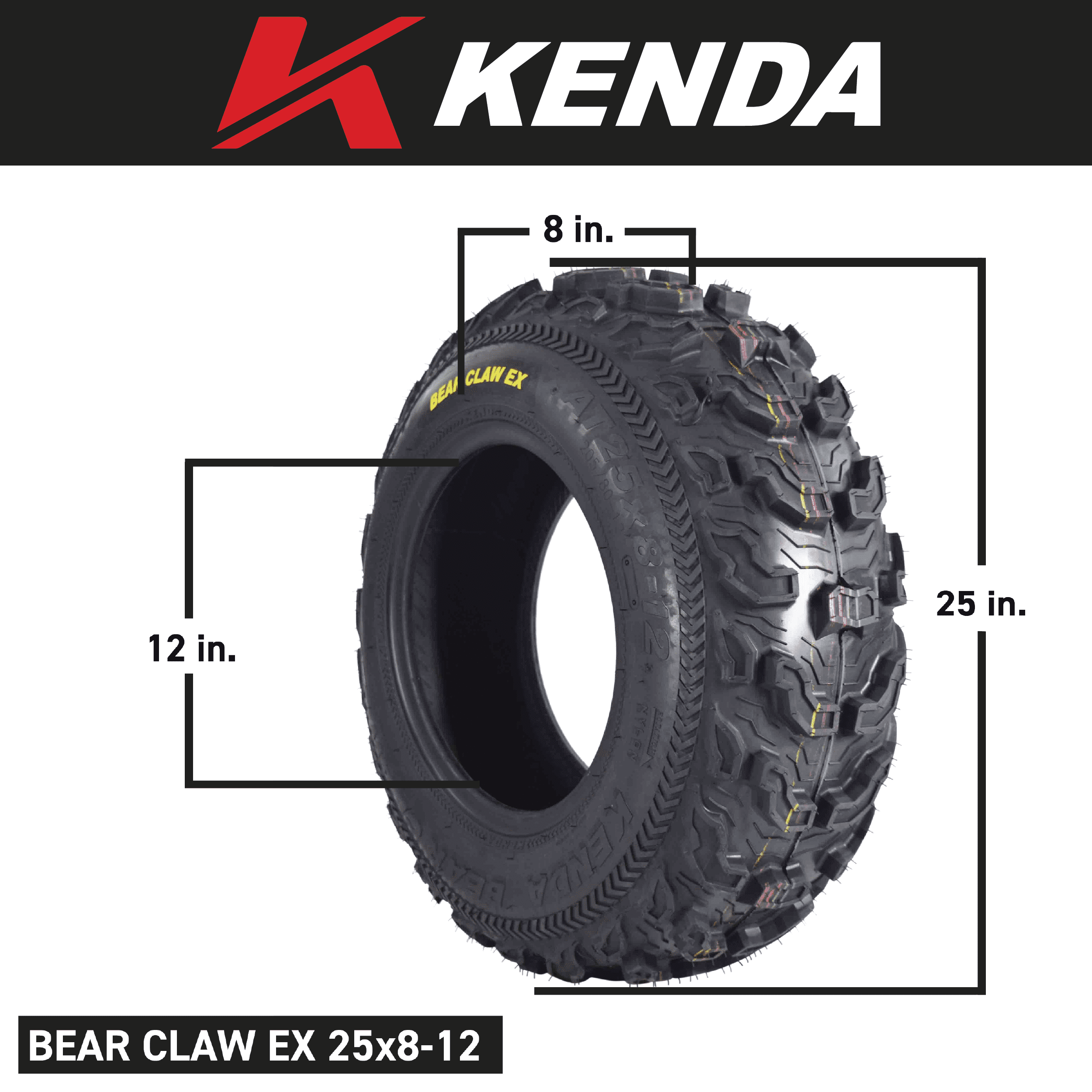 Kenda Bear Claw EX (2) 25x8-12 Front & (2) 25x11-10 Rear ATV 6 PLY Tires 4 Pack Set