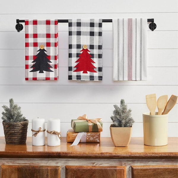 Gregor Red Black White Seasonal Christmas Tree Plaid Cotton Kitchen Tea Towel Set (Set of 3)