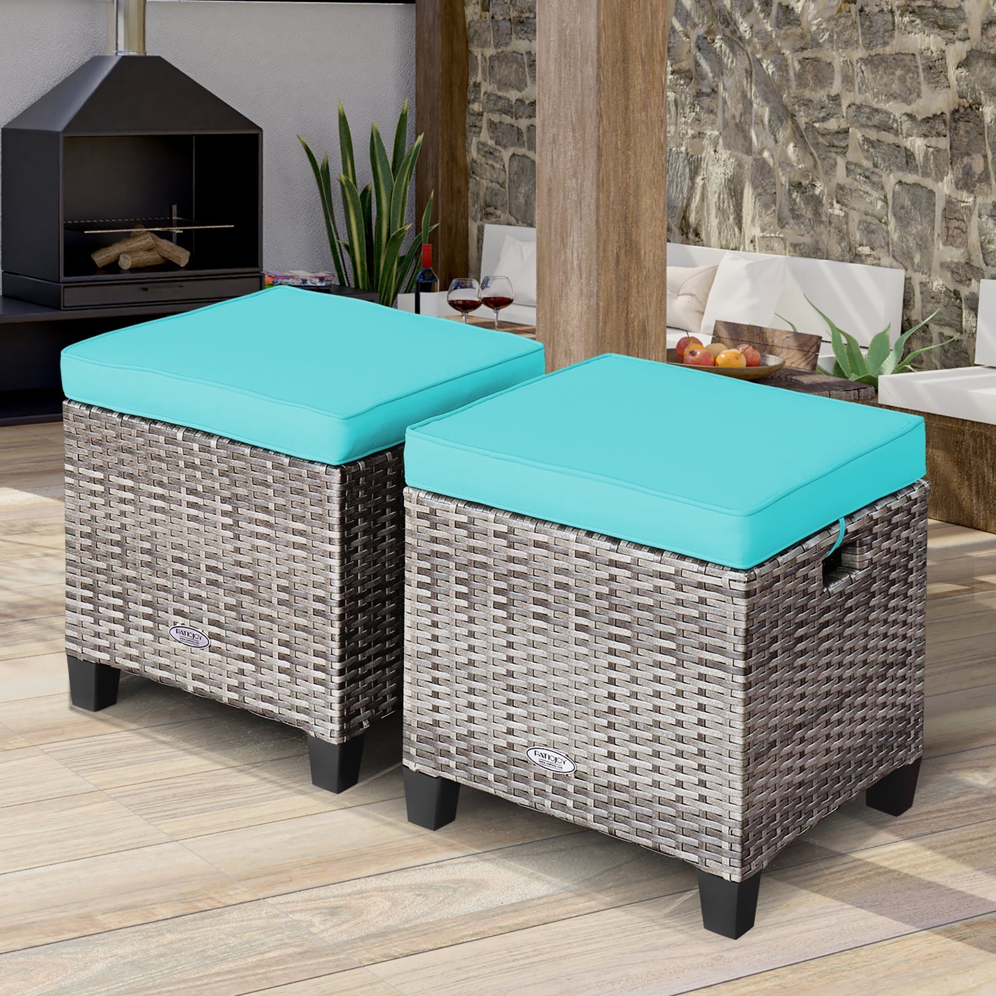 Costway 2PCS Patio Rattan Cushioned Ottoman Seat  Foot Rest TableTurquoise