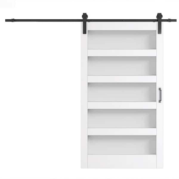 48 in. x 84 in. White, Finished, MDF, Frosted Glass, Primed, 5-Glass Panel Barn Door Slab with Barn Door Hardware