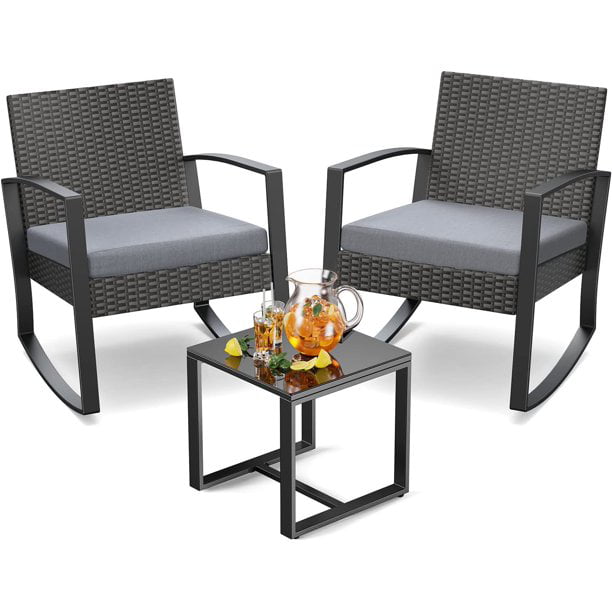 Patio Chairs Set, Outdoor Porch Balcony Furniture Set with Glass Coffee Table, Patio Rocking Wicker Chairs Set with Gray Cushion(Upgraded)