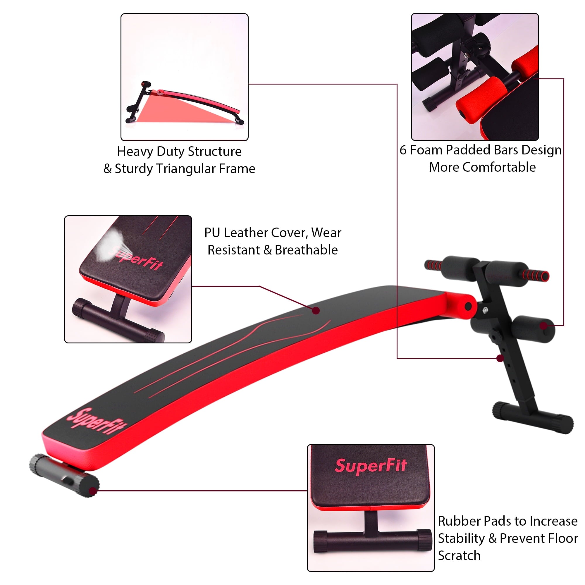 SuperFit Folding Weight Bench Adjustable Sit-up Board Workout Slant Bench Red