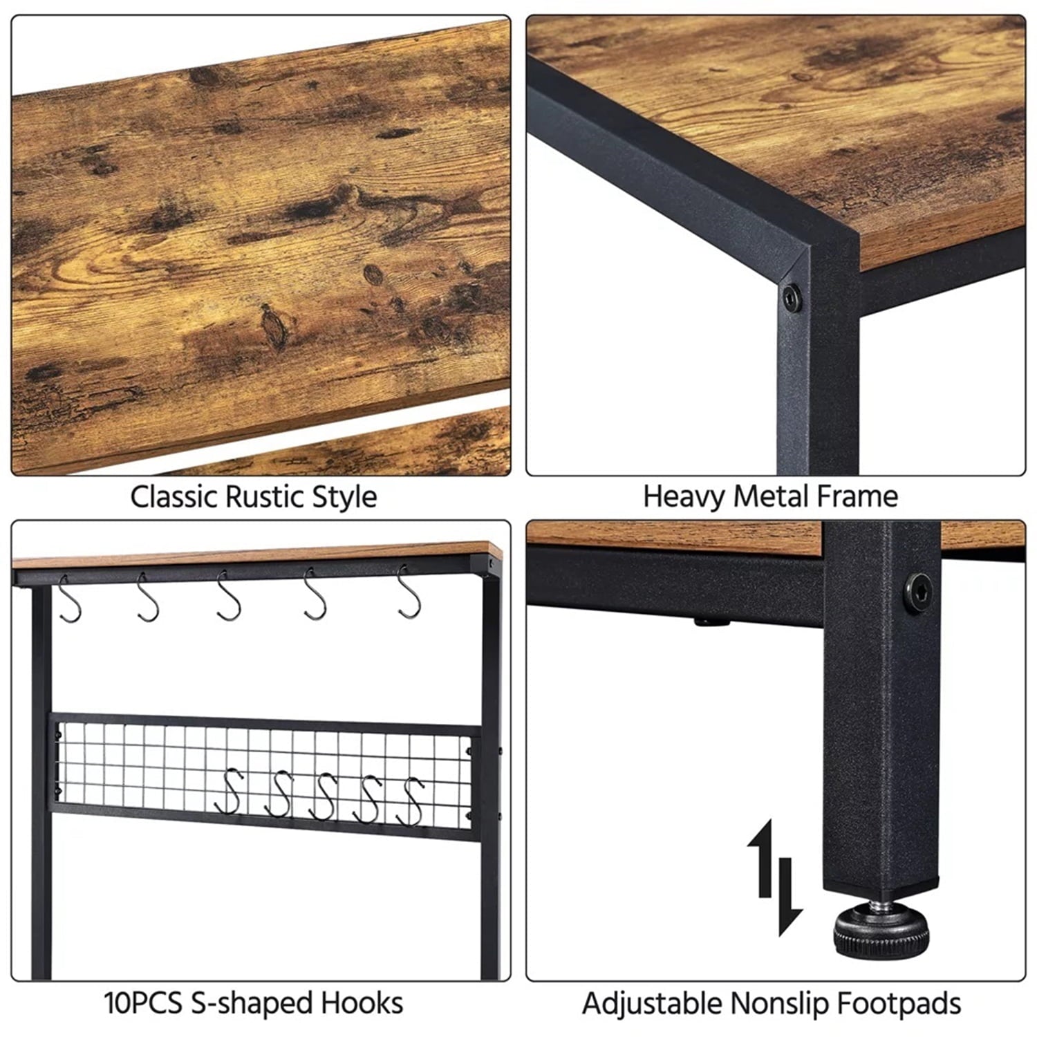 Vebreda Baker's Rack, Industrial Kitchen Island with Hooks Microwave Stand Adult