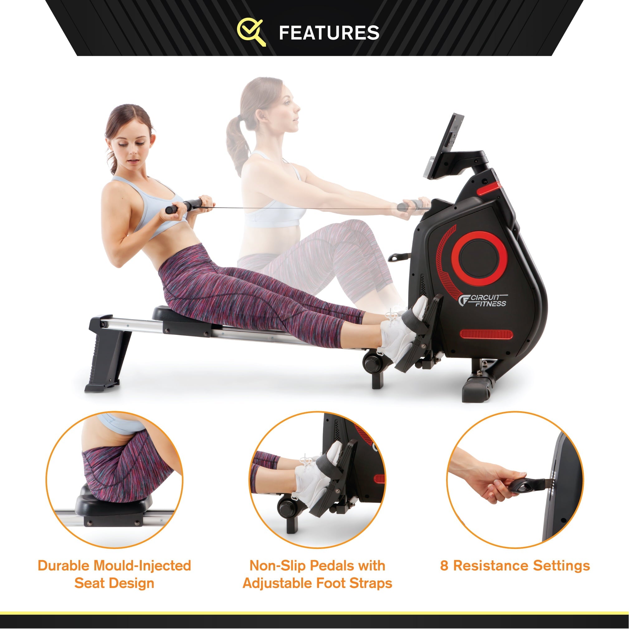 CIRCUIT FITNESS Deluxe Foldable Magnetic Rowing Machine with 8 Resistance Settings & Bluetooth AMZ-979RW-BT