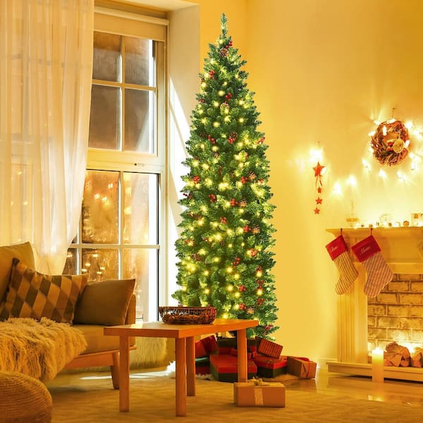 6.5 ft. Pre-Lit Pencil Christmas Tree Hinged Artificial Slim Tree with LED Lights