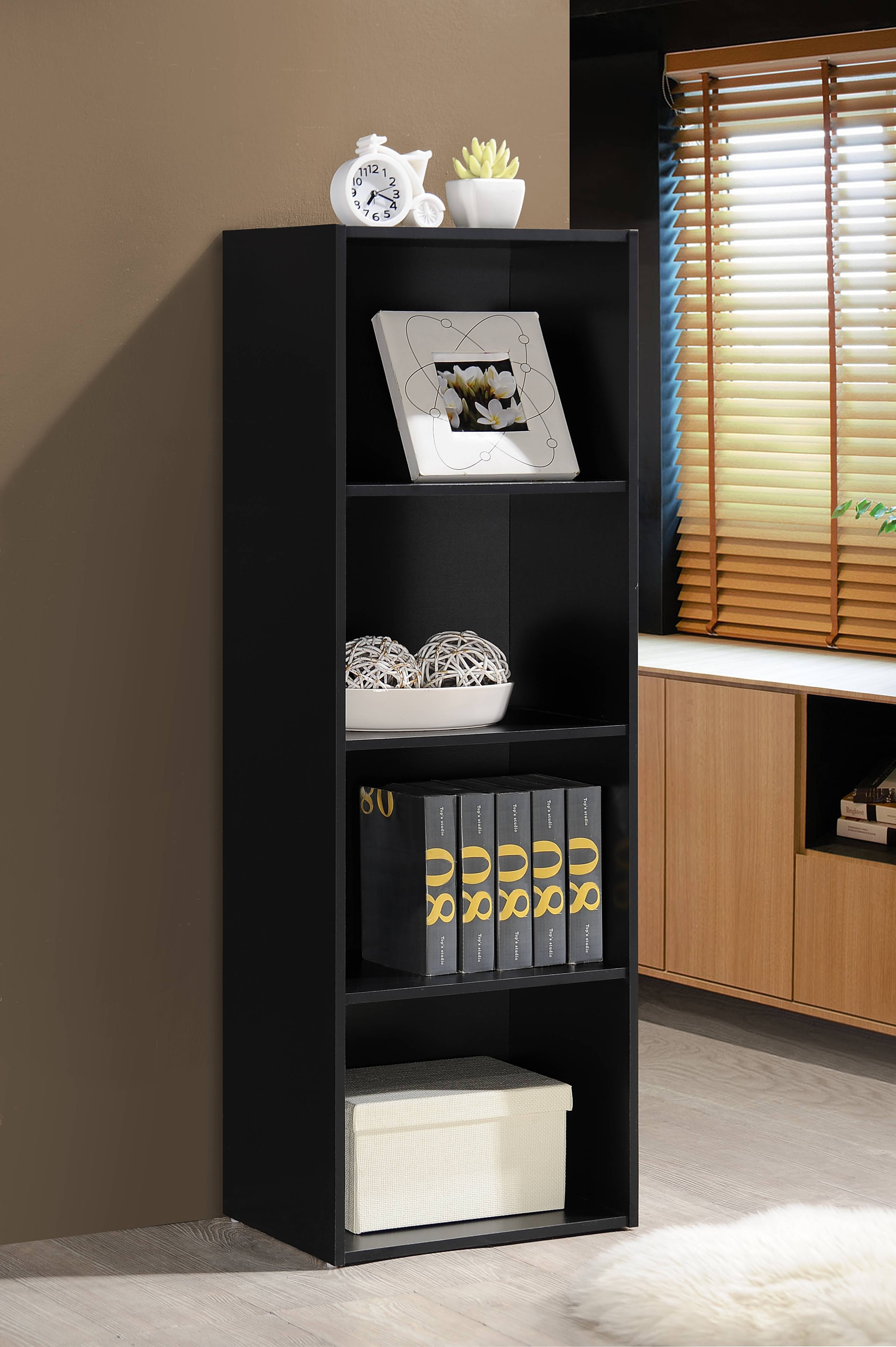Hodedah 4-Shelf Wood Bookcase, Black