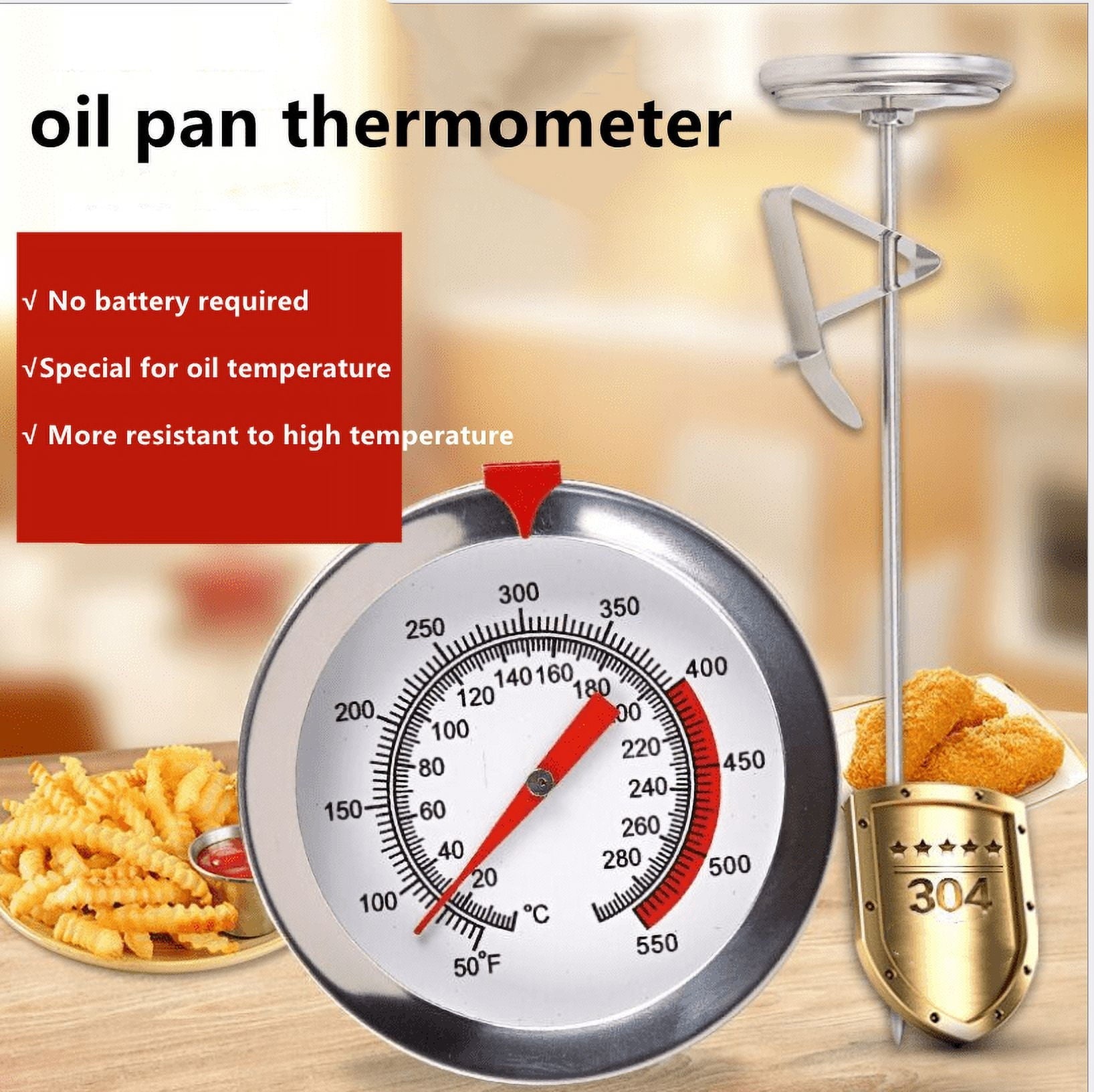 Oil Thermometer Deep Fry, Stainless Steel Meat Cooking Thermometer with Clip and 15.7 inch Long Probe, Instant Read Kitchen Thermometer for Deep Frying Candy Turkey BBQ Grill