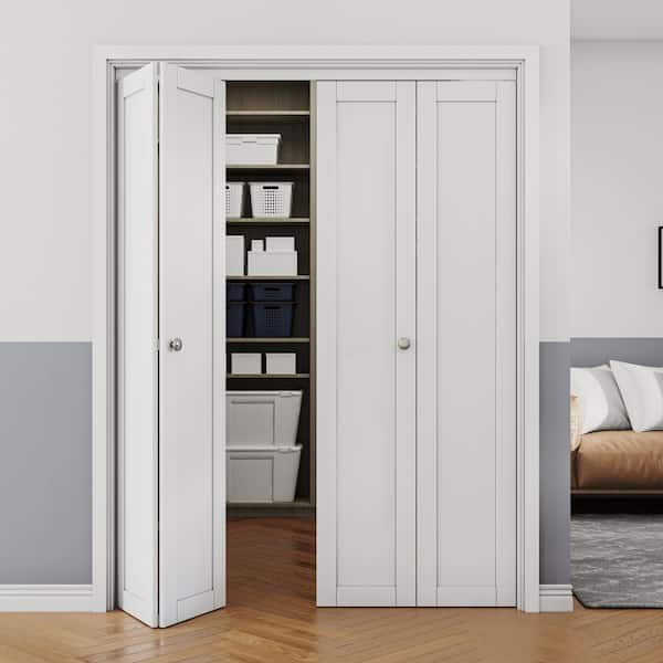 60 in. x 77.7 in. Solid Core White Finished 1 Lite Panled MDF Bi-Fold Door with Hardware