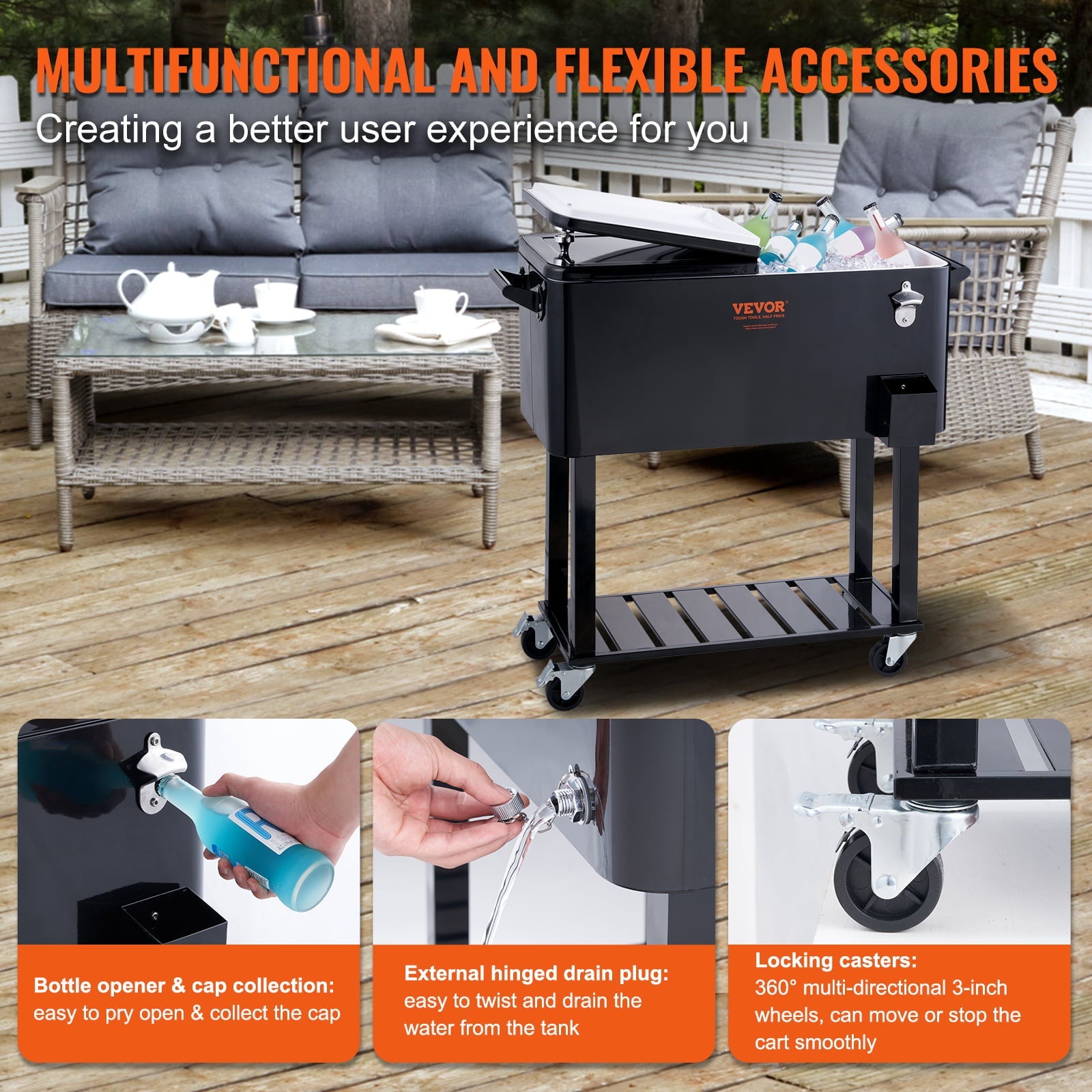 BENTISM 80Qt Rolling Cooler Cart with Bottle Opener Drainage Patio Party Bar Drink