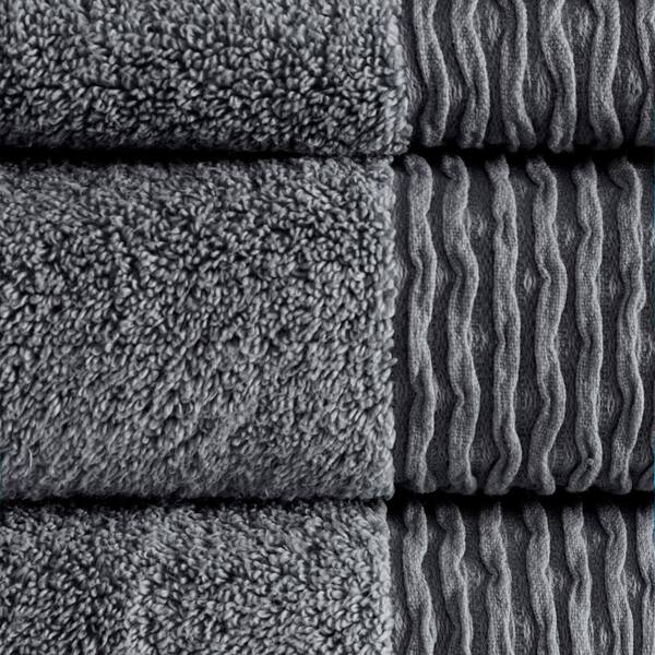 Aer 6-Piece Charcoal Cotton Bath Towel Set Jacquard Wavy Border Zero Twist Antimicrobial