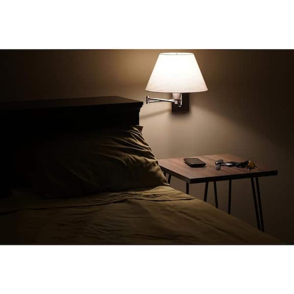 Cambridge 13 in. 150-Watt 1-Light Satin Nickel Swing Arm Wall Lamp with White Fabric Shade, 2-Pack