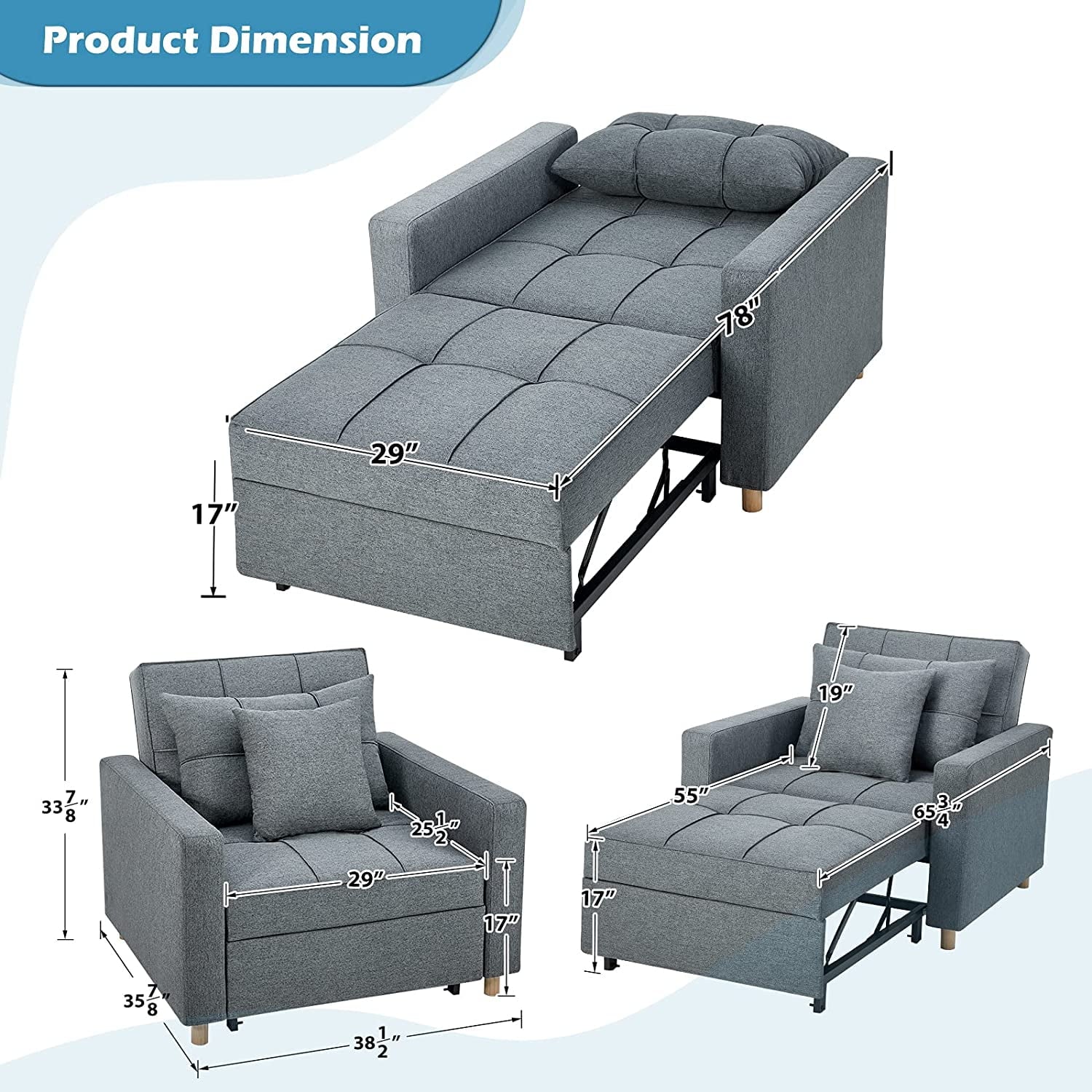 YODOLLA 3-in-1 Futon Sofa Bed Chair,Convertible Sofa Sleeper-Dark Gray