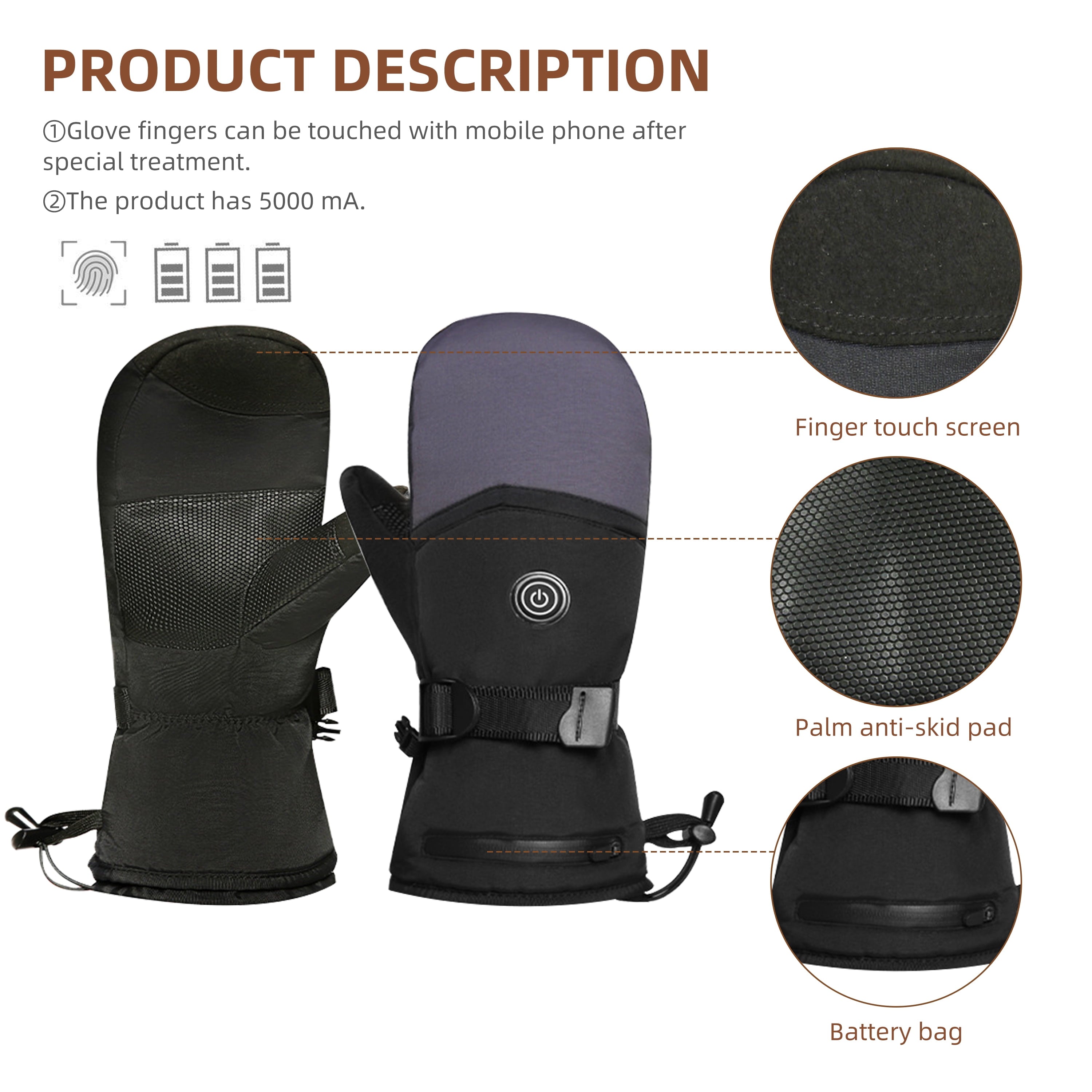 WZCPCV Electric Heated Gloves,Waterproof  Heated Mittens for Men Women,Ski Gloves with 3 Heated Level,Touchscreen Gloves,Professional Ski Gear Snow Gear,Black