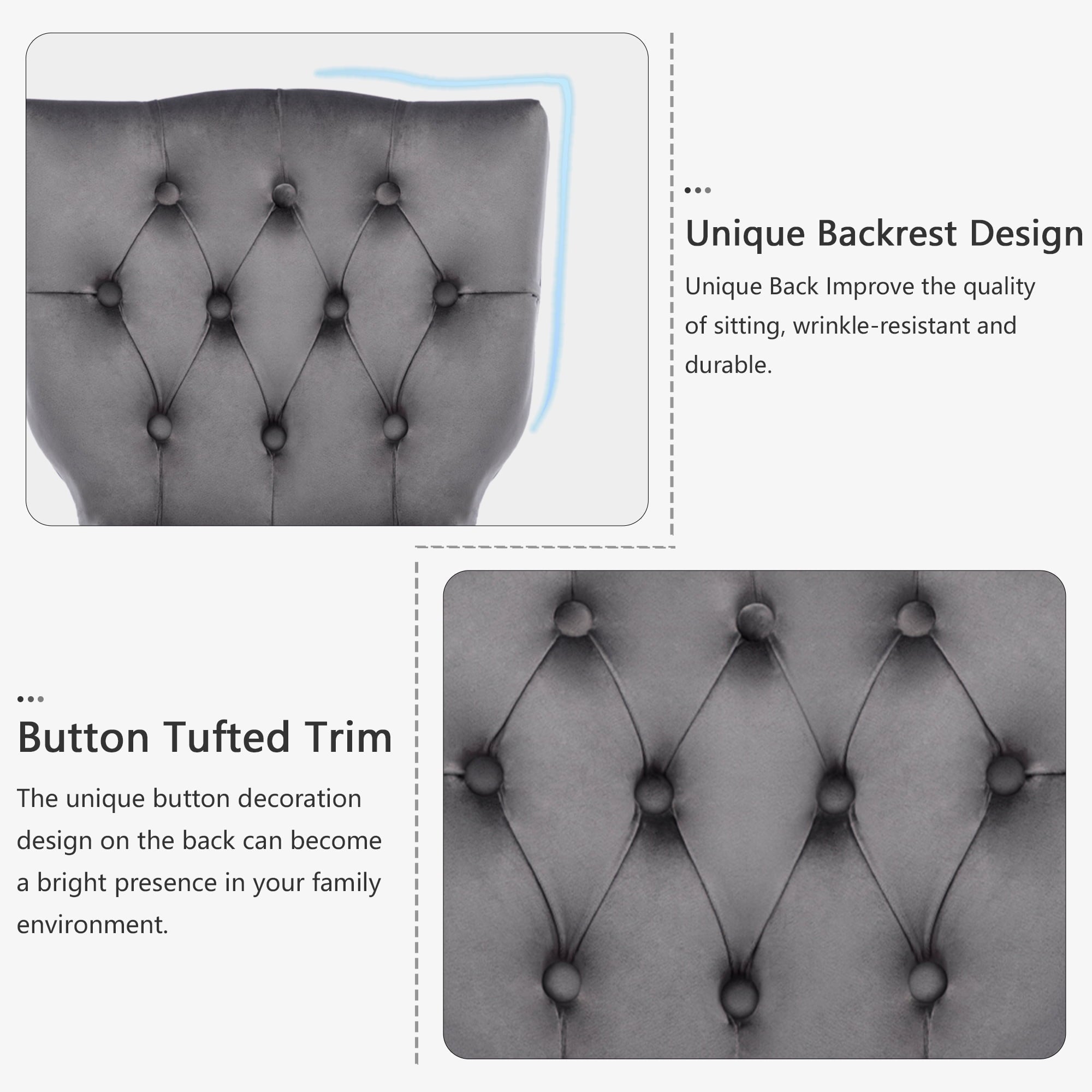 Mid-Century Velvet Dining Chairs, Upholstered Dining Room Chairs with Solid Wood Legs, Button Tufted Dining Chair Set of 2, Black, Dark Gray