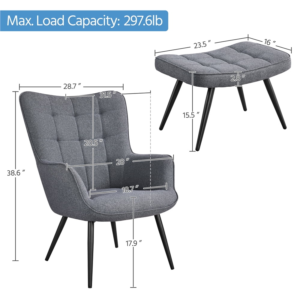 Easyfashion Mid-Century Modern Fabric Wingback Accent Chair with Ottoman, Set of 2, Gray