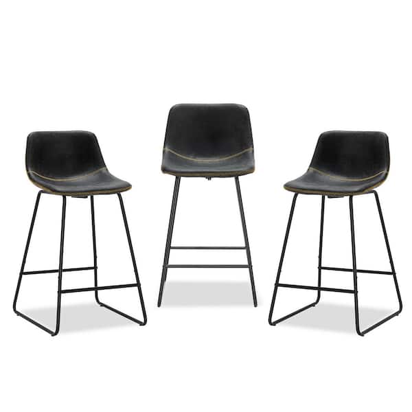 33.5 in. Black Faux Leather Bar Stools Metal Frame Counter Height Bar Stools(Set of 3)