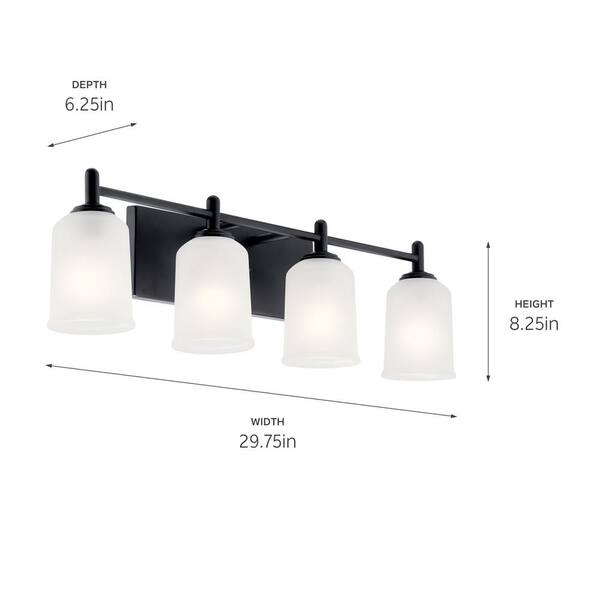 Shailene 29.75 in. 4-Light Black Traditional Bathroom Vanity Light with Satin Etched Glass