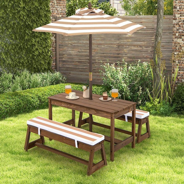 35 in. Brown Rectangle Fir Wood Kids Picnic Table and Chairs with Cushions and Height Adjustable Umbrella