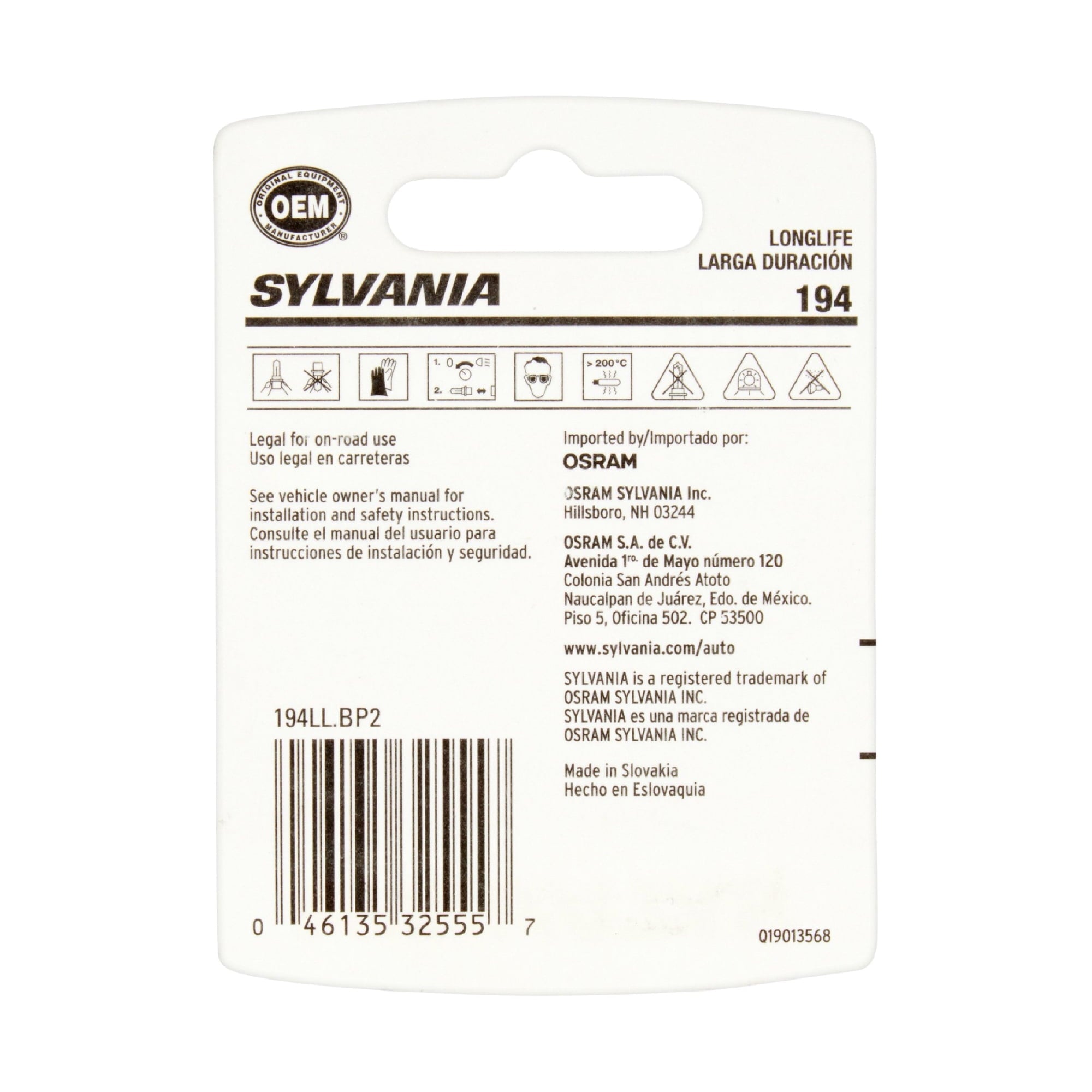 Sylvania 194 Long Life Automotive Mini Bulb, Pack of 2