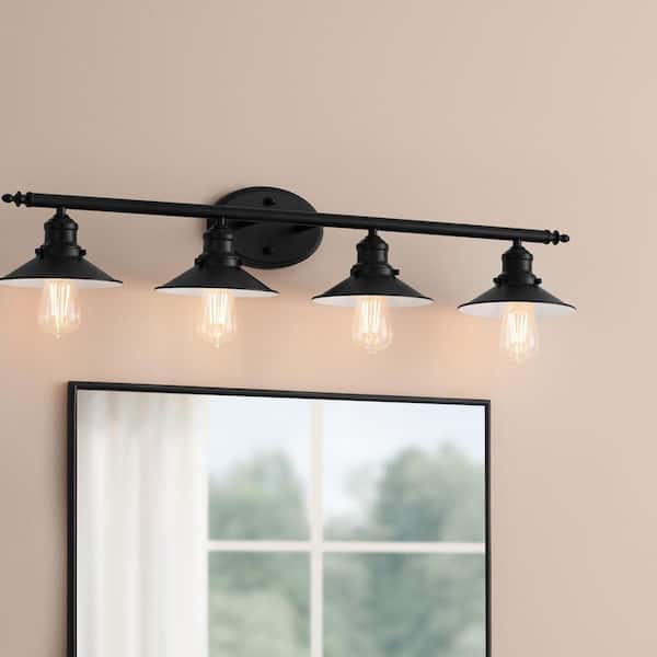 Glenhurst 34 in. 4-Light Industrial Farmhouse Black Bathroom Vanity Light Fixture with Metal Shades
