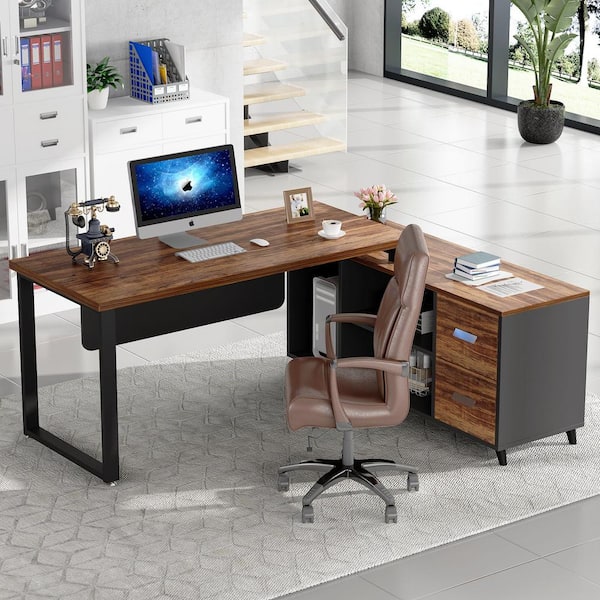 Lantz 55.1 in. L Shaped Desk Brown Engineered Wood 2-Drawers Executive Desk with Cabinet Shelves