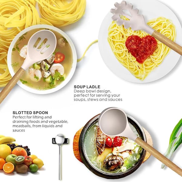 14Piece Silicon Cooking Utensils Set with Wooden Handles and Holder for Non-Stick Cookware, Khaki