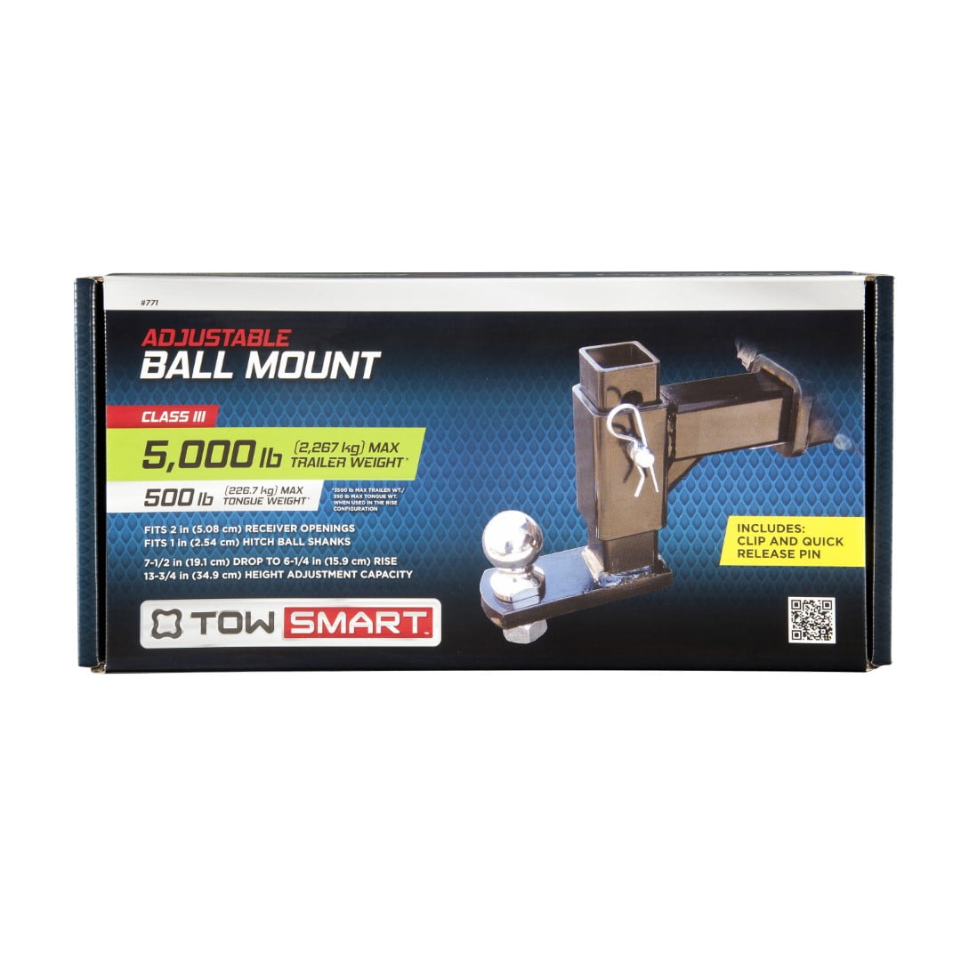 TowSmart Adjustable Ball Towing Mount with Clip and Quick Release Pin, 7.5in Drop, 6.25in Rise, 771, 5000lb, 1 Each