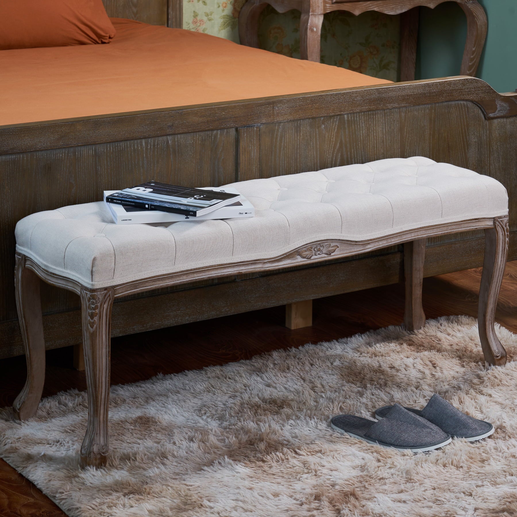 Upholstered Entryway Bench Piano Shoe Ottoman Bench with Fabric Cushion Cover