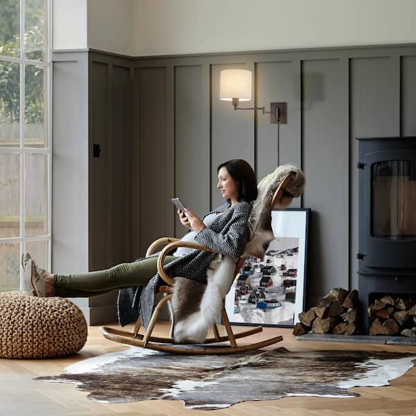 Anderson Dark Bronze Plug-In Swing Arm Wall Lamp with Beige Fabric Shade, LED Bulb Included