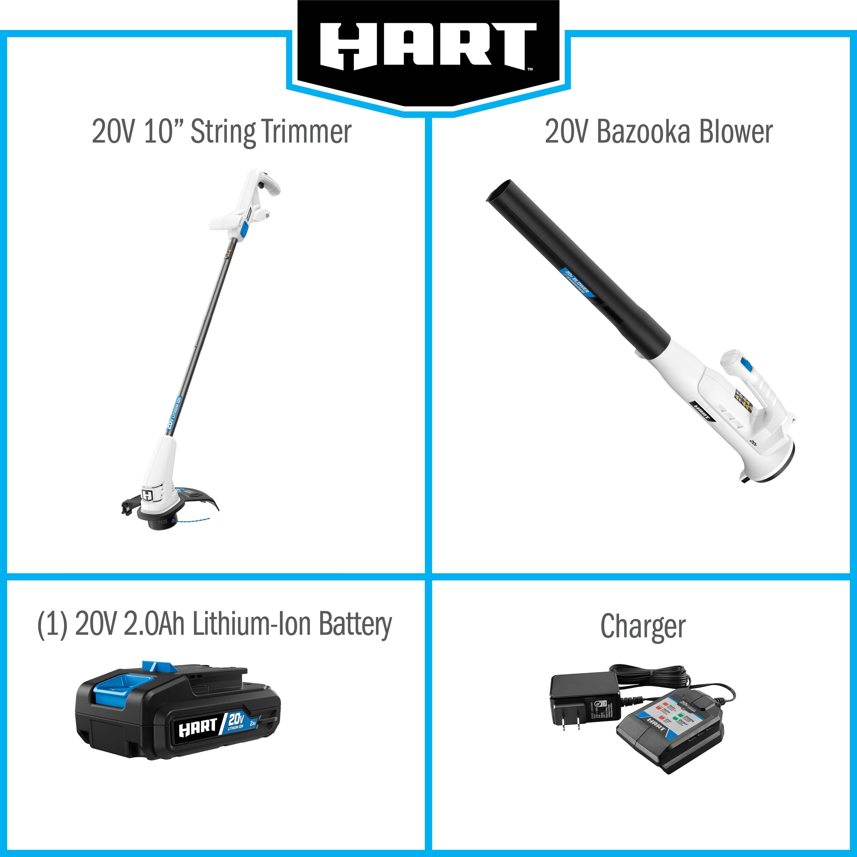 HART 20-Volt 10-inch String Trimmer/Bazooka Leaf Blower Combo Kit, (1) 2.0Ah Lithium-Ion Battery