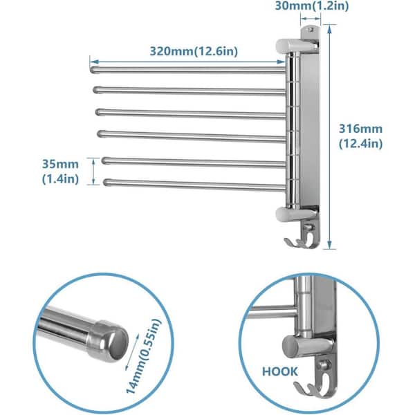 Towel Rack Wall Mounted Stainless Steel Bathroom Towel Rack, Swivel 6 Arms Towel Holder 180° Rotation Space Saving