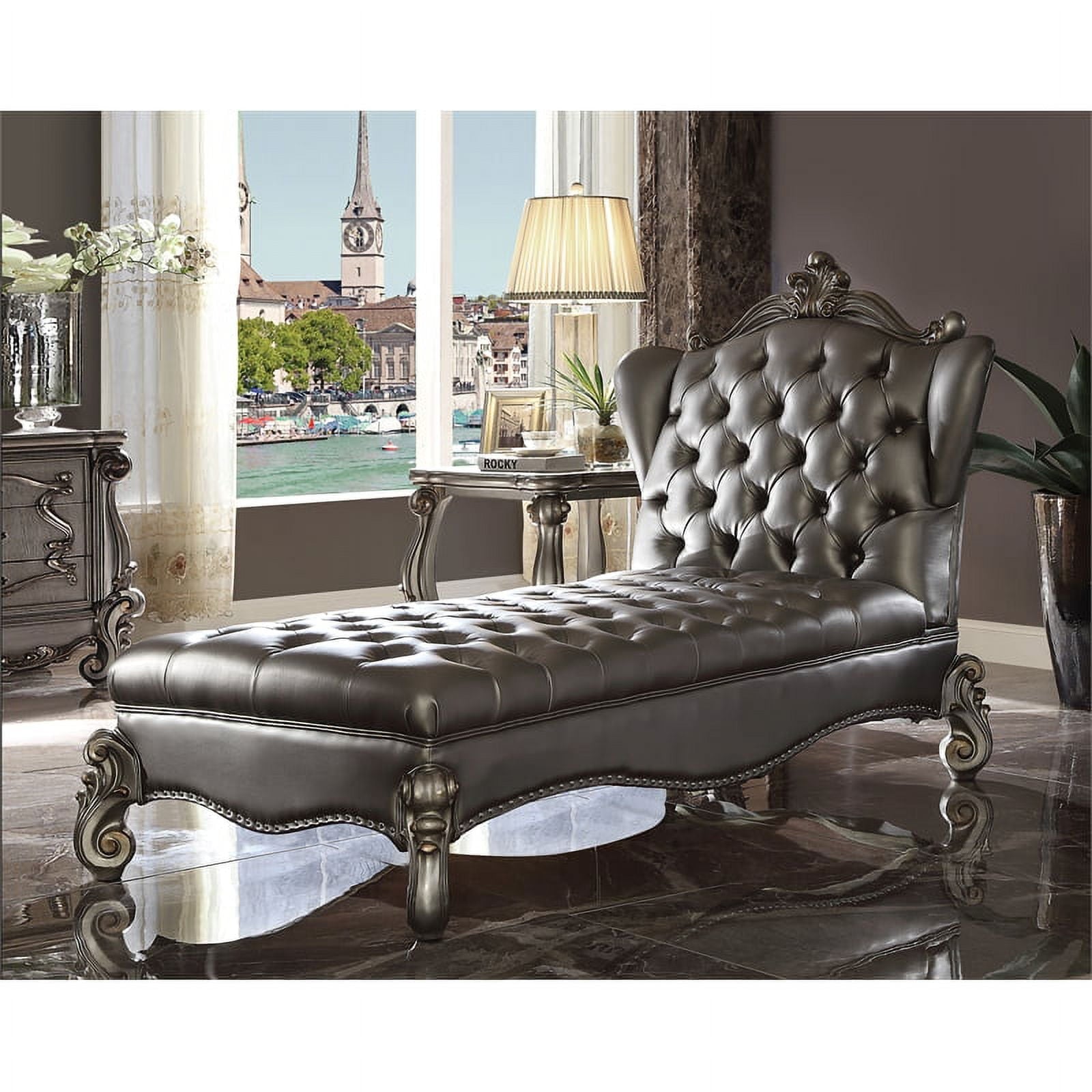 Bowery Hill Faux Leather Tufted Chaise Lounge in Silver and Antique Platinum